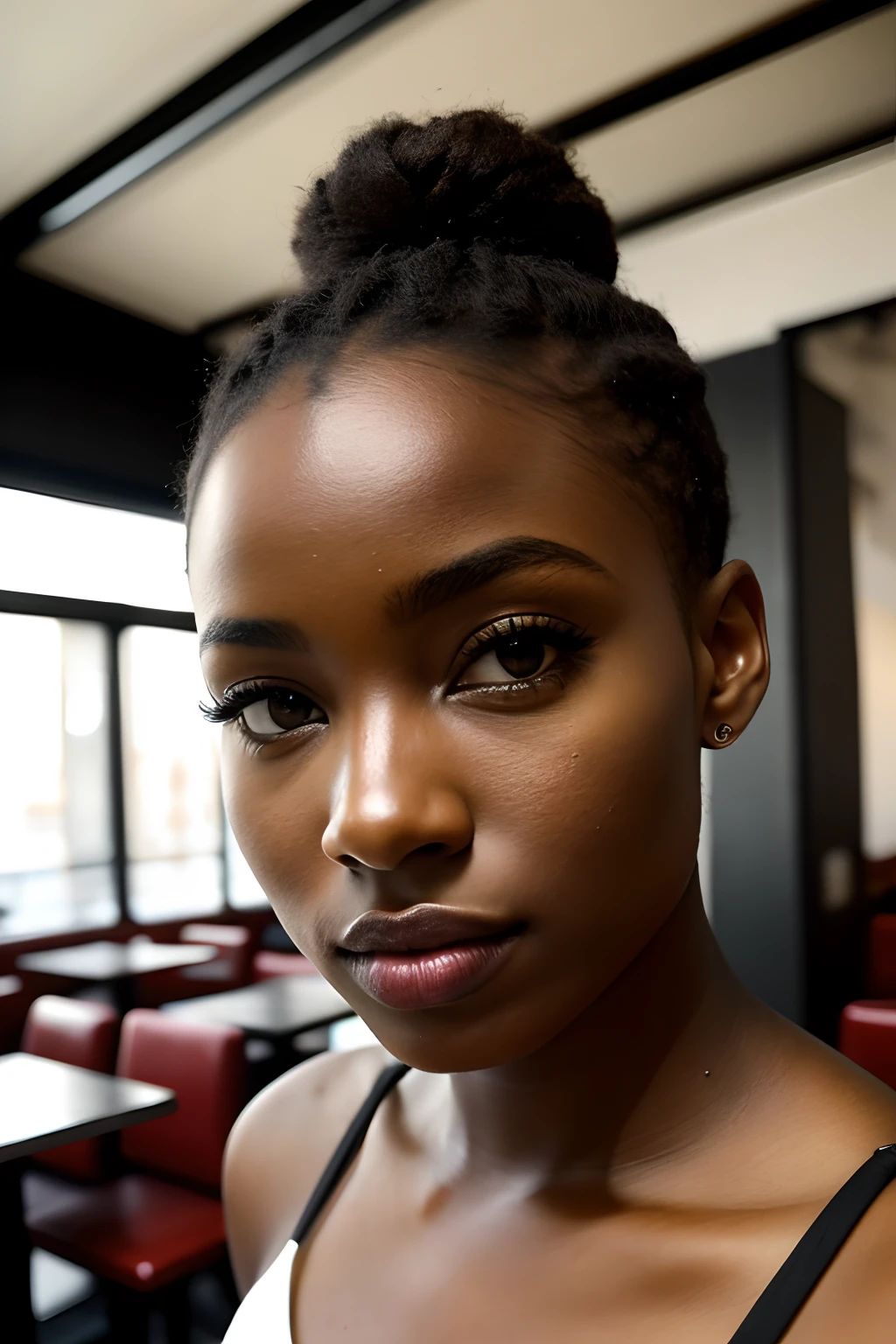 (8k, Photo brute, Highest quality), Beautiful Ebony Girl, corps entier, Poils sarcelle, yeux sarcelle, triste, gros plan, mini jupe et chemisier e, (detailled eyes:0.8), (looking at the camera:1.4), (Highest quality), (meilleure ombre), Intricate details, interior, Warm Light, muted colors, (Contraste To8Style), Assis dans un restaurant