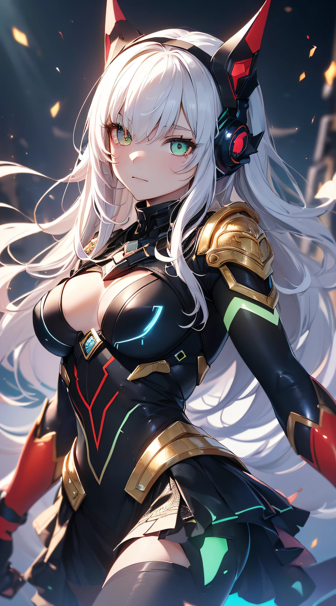 top-quality、Top image quality、​masterpiece、Android Girl((sixteen years old、 A black,and a red and white glowing cybersuit、Blue energy source for the chest,Best Bust、Bust 90、Gold and silver long hair、Cyber Skirt、Blue-green eyes、open chest wide、Valley、Happiness、A slender、Mysterious face、Drifting in the air,Particles of light、Sharp claw arm,battered body、mid air、Glowing eyes、Hold out your hands)）hiquality、Beautiful Art、Background with((mistic、Fantastic Universe))、masutepiece、Elaborate design、visualart、Theatrical films