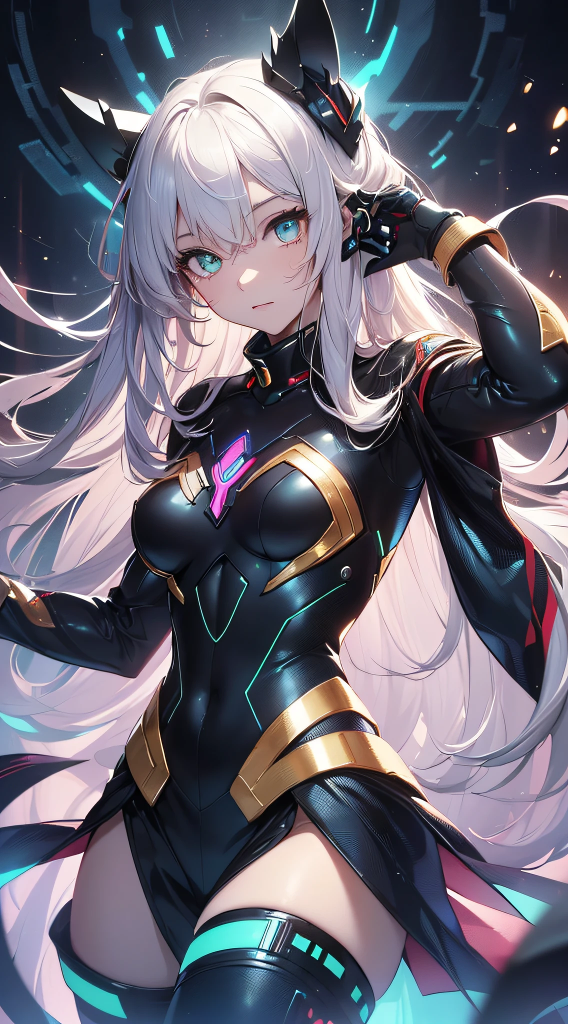 top-quality、Top image quality、masterpiece、Android Girl((sixteen years old、 A black,and a red and white glowing cybersuit、Blue energy source for the chest,Best Bust、Bust 90、Gold and silver long hair、Cyber Skirt、Blue-green eyes、open chest wide、Valley、Happiness、A slender、Mysterious face、Drifting in the air,Particles of light、Sharp claw arm,battered body、mid air、Glowing eyes、Hold out your hands))hiquality、Beautiful Art、Background with((mistic、Fantastic Universe))、masutepiece、Elaborate design、visualart、Theatrical films