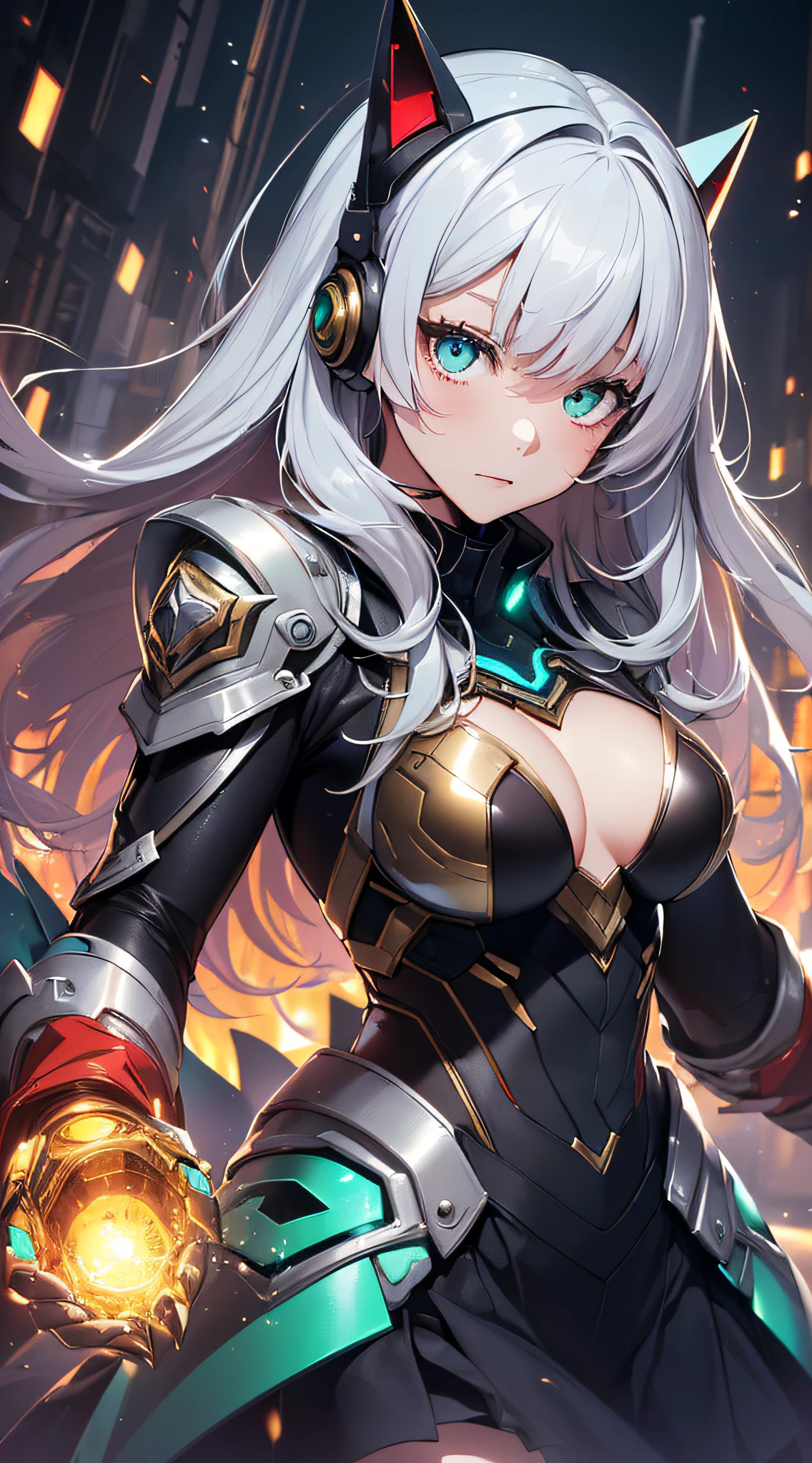 top-quality、Top image quality、masterpiece、Android Girl((sixteen years old、 A black,and a red and white glowing cybersuit、Blue energy source for the chest,Best Bust、Bust 90、Gold and silver long hair、Cyber Skirt、Blue-green eyes、open chest wide、Valley、Happiness、A slender、Mysterious face、Drifting in the air,Particles of light、Sharp claw arm,battered body、mid air、Glowing eyes、Hold out your hands))hiquality、Beautiful Art、Background with((mistic、Fantastic Universe))、masutepiece、Elaborate design、visualart、Theatrical films