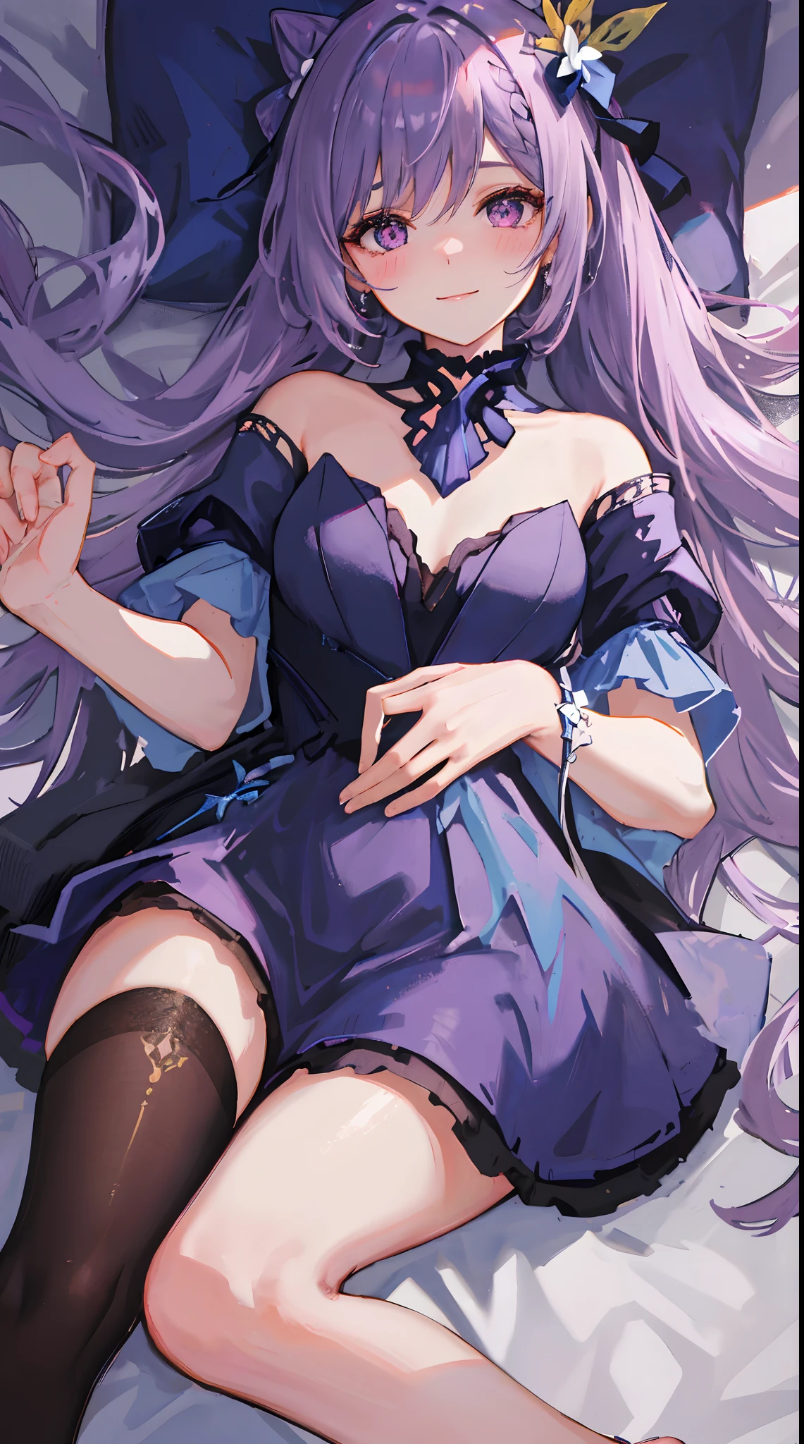 Glowing white butterfly,black sexy nightdress,1 girll,pink color eyes,purple hair,indoor room,Lie down in bed, Blush, Smile, cheerfulness, Masterpiece, Best quality, There is a gemstone necklace around the neck,A high resolution,Detail enhancement,best qualtiy,Perfect image quality,Elegant and lightweight blue silk dress,Beautiful and gentle