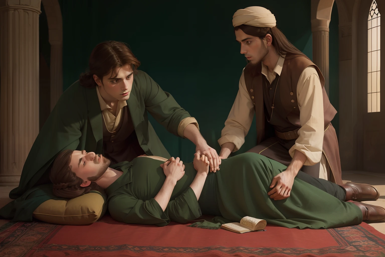 Year: 11th century. Location: Shiraz. Pre-raphaelite scene with a 22-year-old english man, physician, (holding the hands) of a very young ((terminal plague patient)) laying down, ((ominous feeling)), ((((11th century qamis)))) ((11th century hairstyle)), (((cinematic style)))