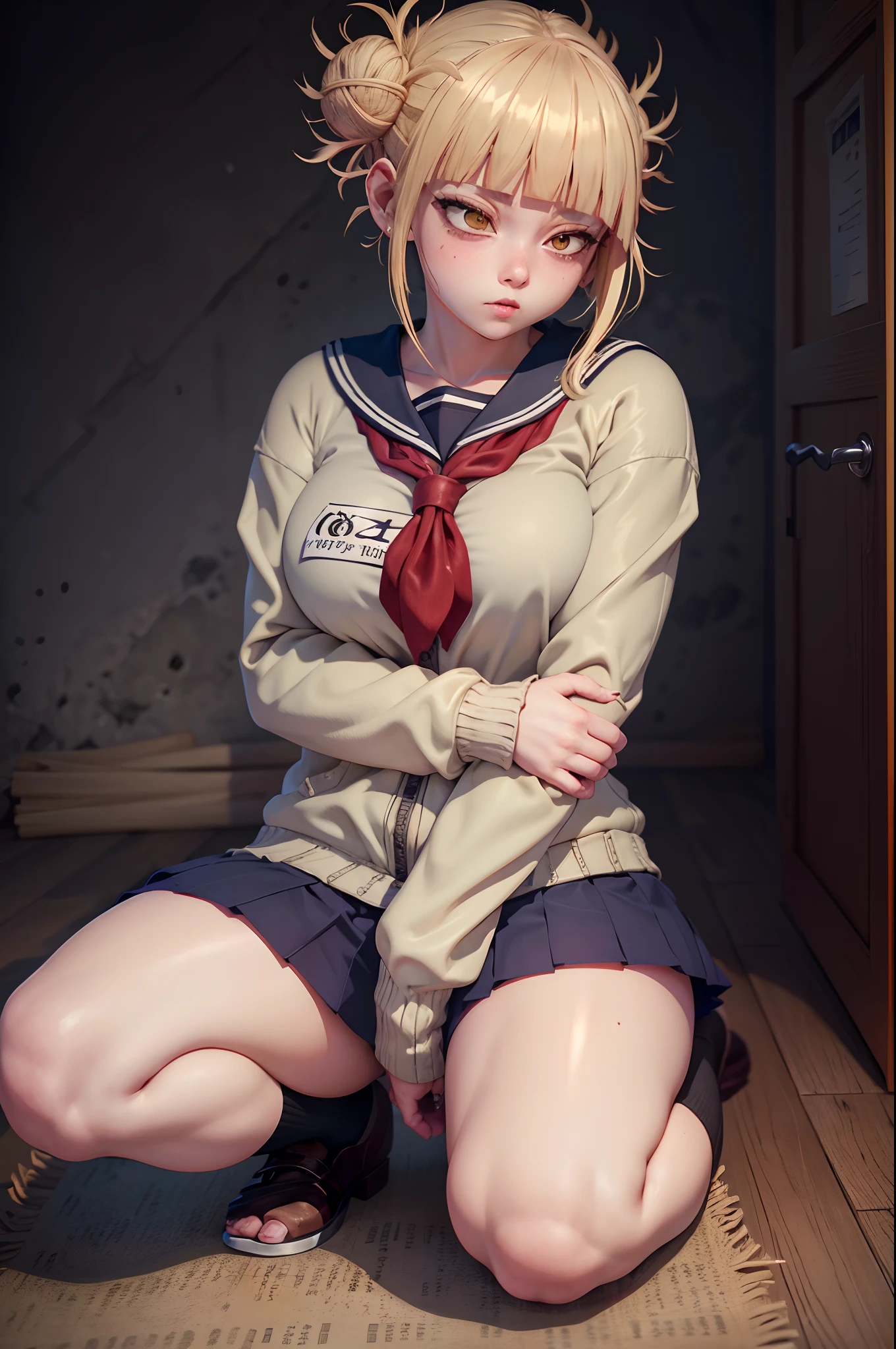 (garota hiper realista:1.2), ((Himiko Toga de 18 anos)), (Boku no hero), corpo inteiro, single body, olhando para frente, sitting on ground, (coxas internas expostas), joelhos dobrados, uniforme, (cabelo loiro), (uniforme), seios grandes:1.3, Quarto feminino, quarto tradicional, Hiper realista, cinematic lighthing, (octan render), ray tracing