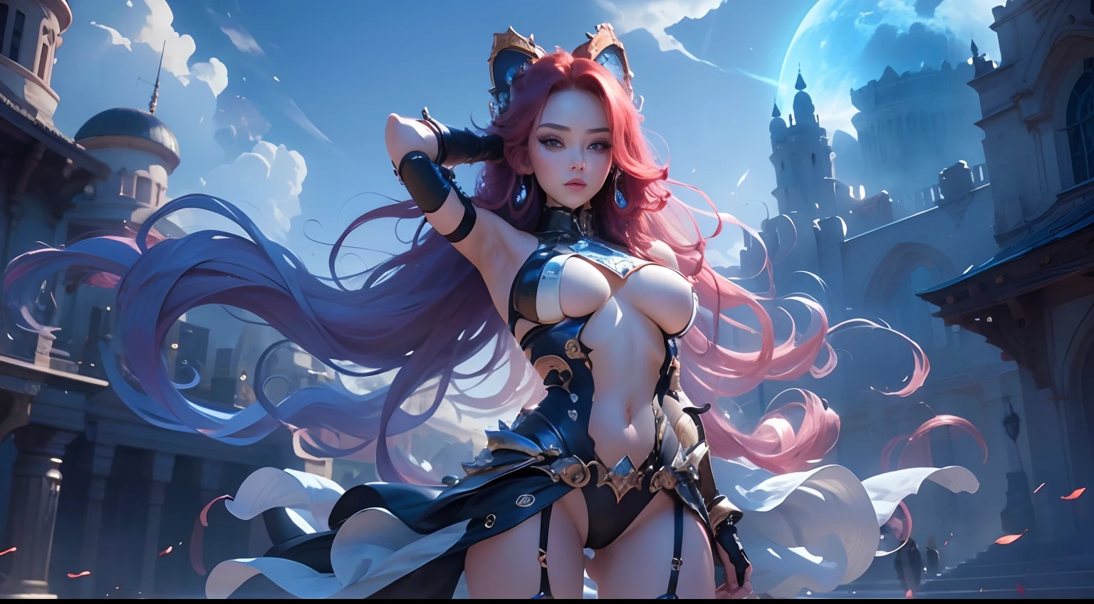 HD 8K quality ，A sexy beauty， Whitening skin，Beautiful and moving big eyes，wearing a stylish and edgy outfit，Strike seductive poses，red tinted hair，long whitr hair，Large curls，Background: the setting sun，Burning clouds，air castle，mirage。