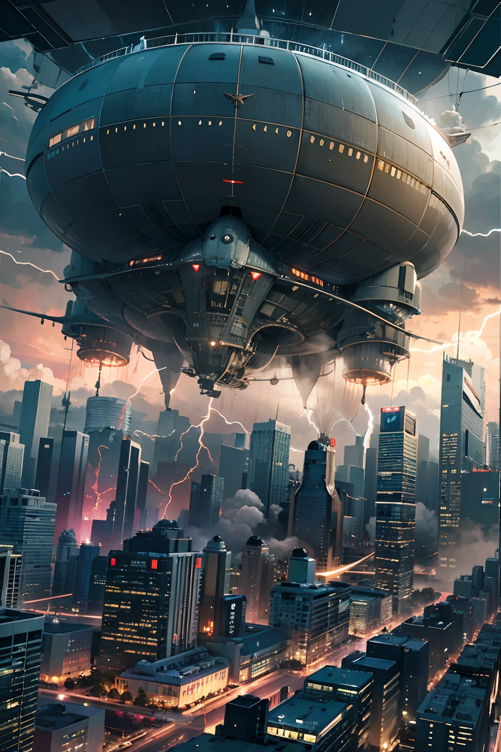 Lots of clouds,heavy fog、(Lightning:1.5)、starrysky、Moon,Chaotic city of the future、Movie dystopia、(Giant airship:1.5)、A group of very tall skyscrapers stands in the center、Very complex cityscape,Crowded Chinese skyscrapers、street signs、streetlights、taxis、buses、Train、Blue lighting,Dark road、puddles、Chaotic、Beautiful and fantastic scenery、Cinematic scenery、hightquality、masutepiece,in 8K、hight resolution、