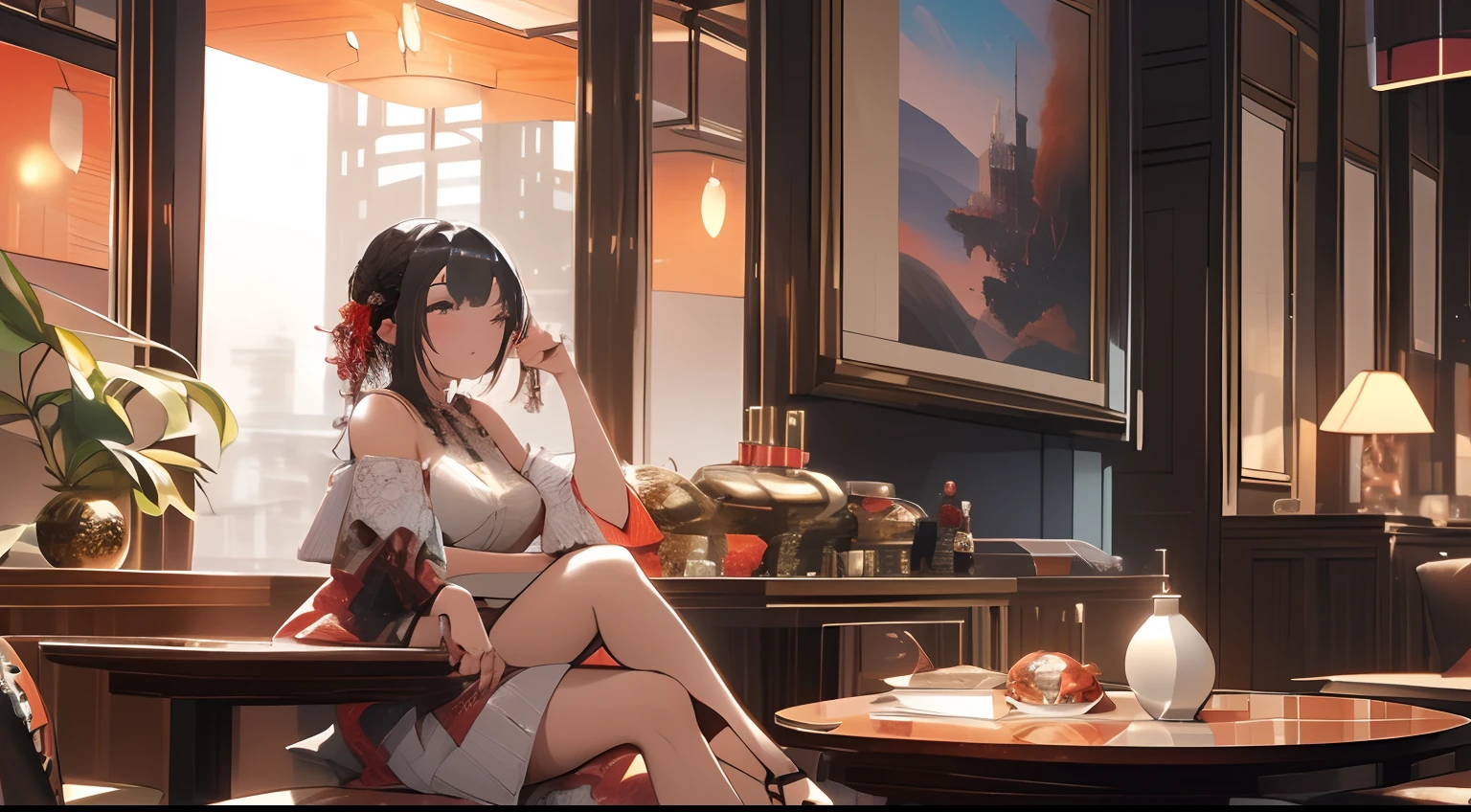 A woman who is,Sit in an upscale hotel room,夏天,Close-up,photography of, (Ultra photo realsisim), Modern Yang Jie, detailed fantasy art, Stunning character art, Fanart Meilleure ArtStation, Epic and exquisite character art, Extremely detailed art, Meticulous digital animation is artistic