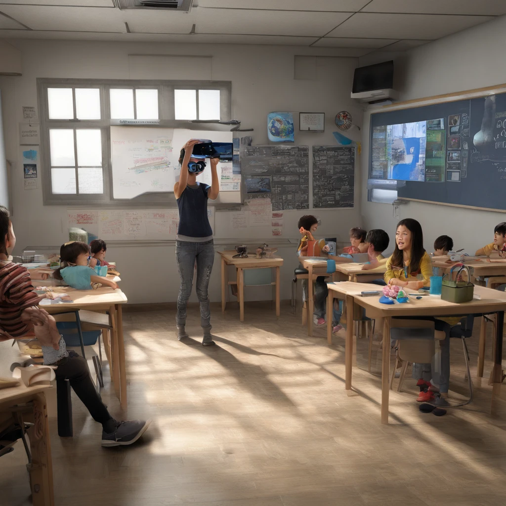 Photo shows students using virtual reality、AR Glasses，There are students who draw cartoon characters，Teacher teaches students to take pictures with their cameras，Some students draw with brushes，Some students explore the interior，Some students operate drones to measure，Tech Blue，Vertical illustration，commercial