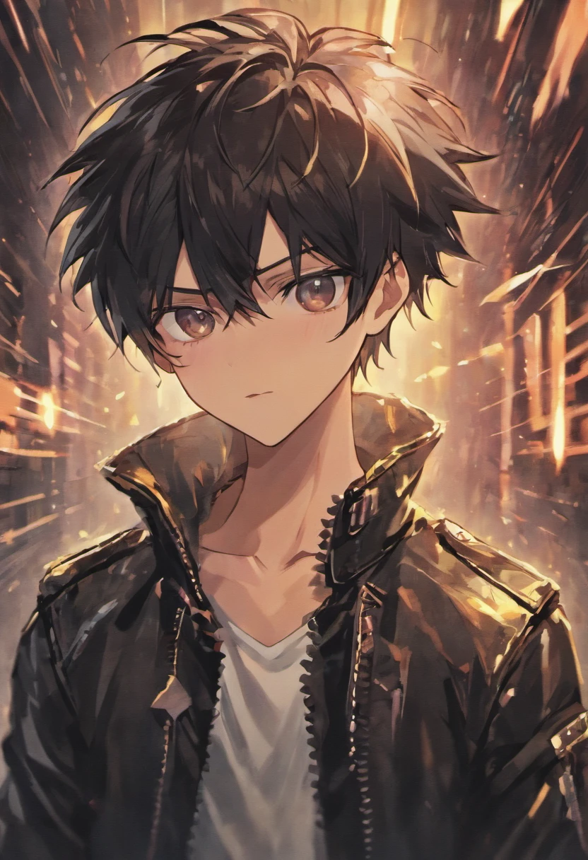 Create an anime guy with spiky black hair, wearing a leather jacket and sunglasses.