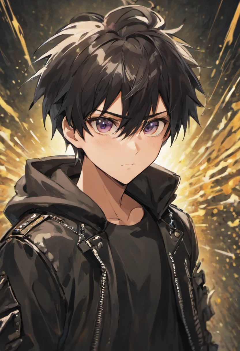 Create an anime guy with spiky black hair, wearing a leather jacket and sunglasses.