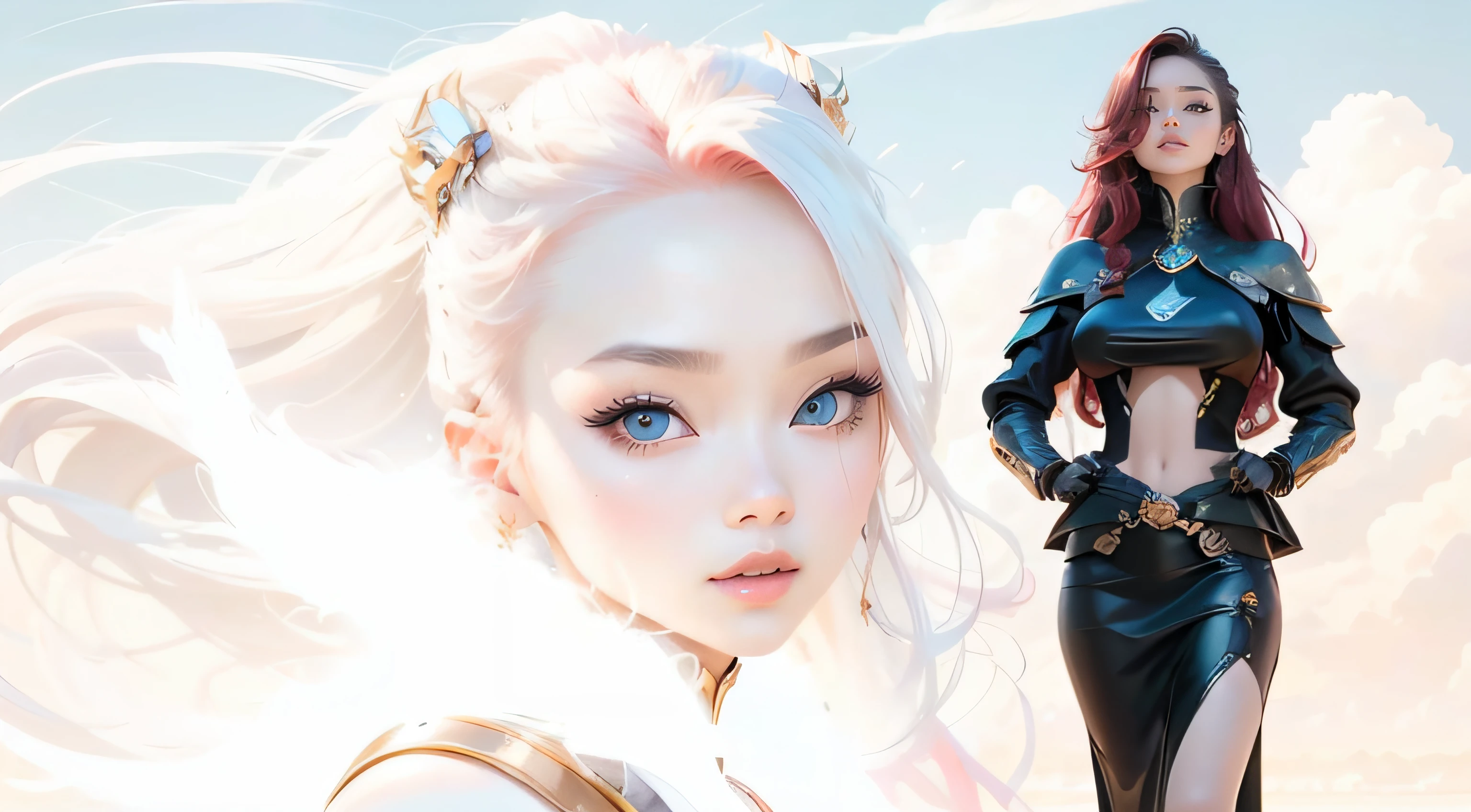 HD 8K quality ，A sexy beauty， Whitening skin，Beautiful and moving big eyes，wearing a stylish and edgy outfit，Strike seductive poses，red tinted hair，long whitr hair，Large curls，Background: the setting sun，Burning clouds，air castle，mirage。