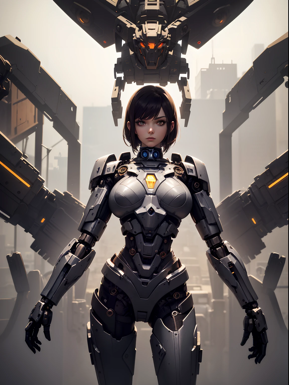 Mechanical steampunk-style mecha girl, made from mechanical parts, (mecha body), (mecha limbs), ((detailed face)),  ((looking at camera)), cowboy shot, cybernetics and servo motors, insane detail, ((dynamic pose)), cinematic lighting, steampunk background.