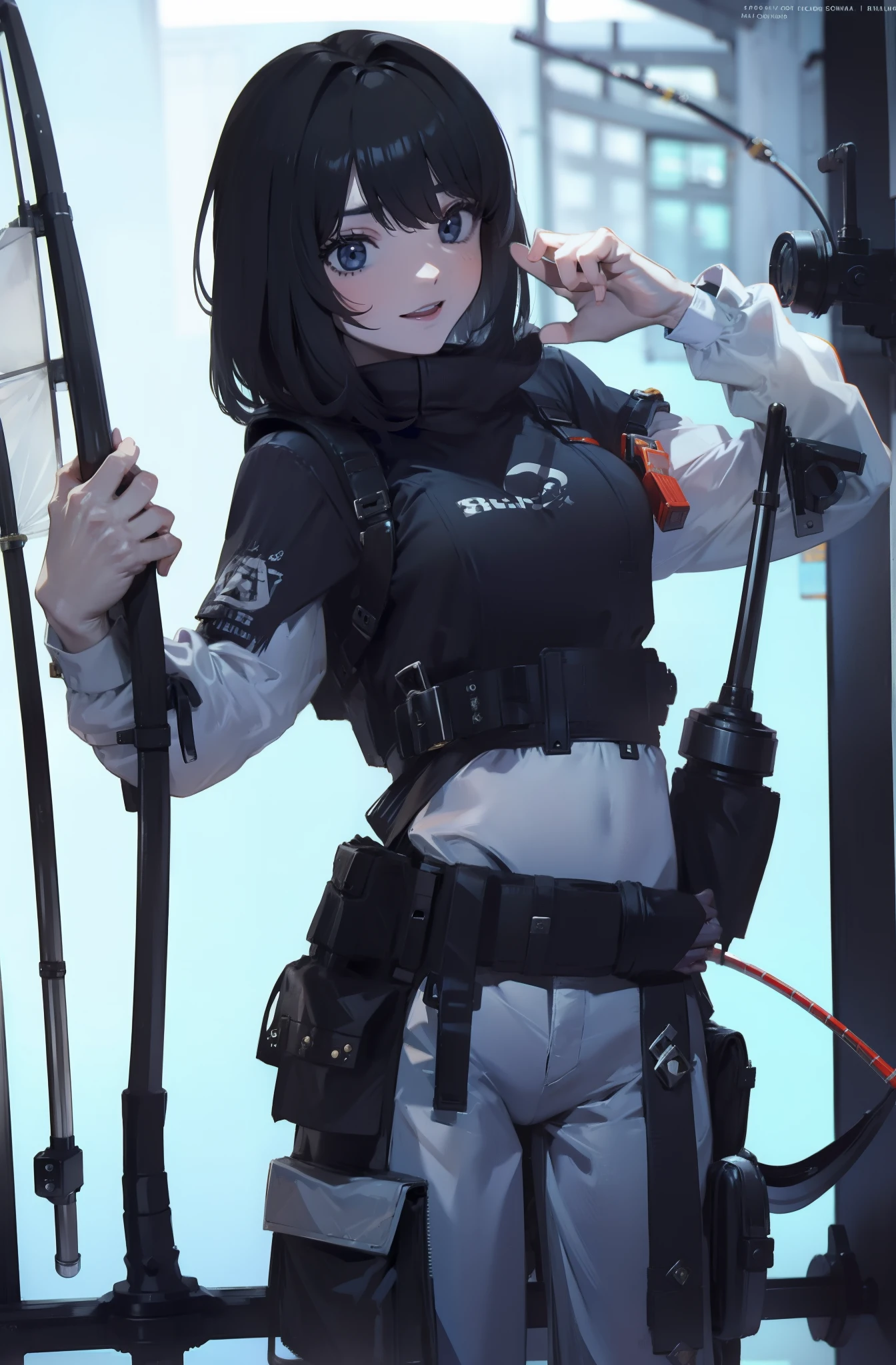 best quality, 1boy, solo, white background, red lips, black and white hair, cyberpunk style clothing, carrying a firearm,