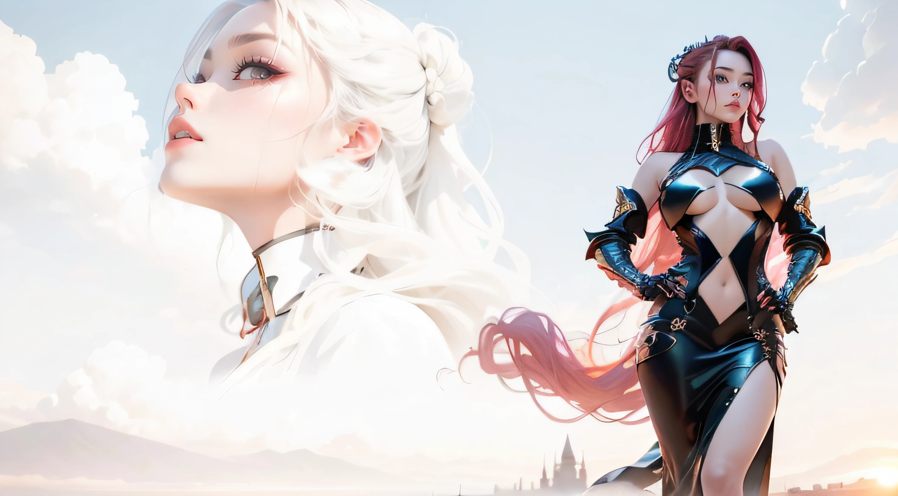 HD 8K quality ，A sexy beauty， Whitening skin，Beautiful and moving big eyes，wearing a stylish and edgy outfit，Strike seductive poses，red tinted hair，long whitr hair，Large curls，Background: the setting sun，Burning clouds，air castle，mirage。