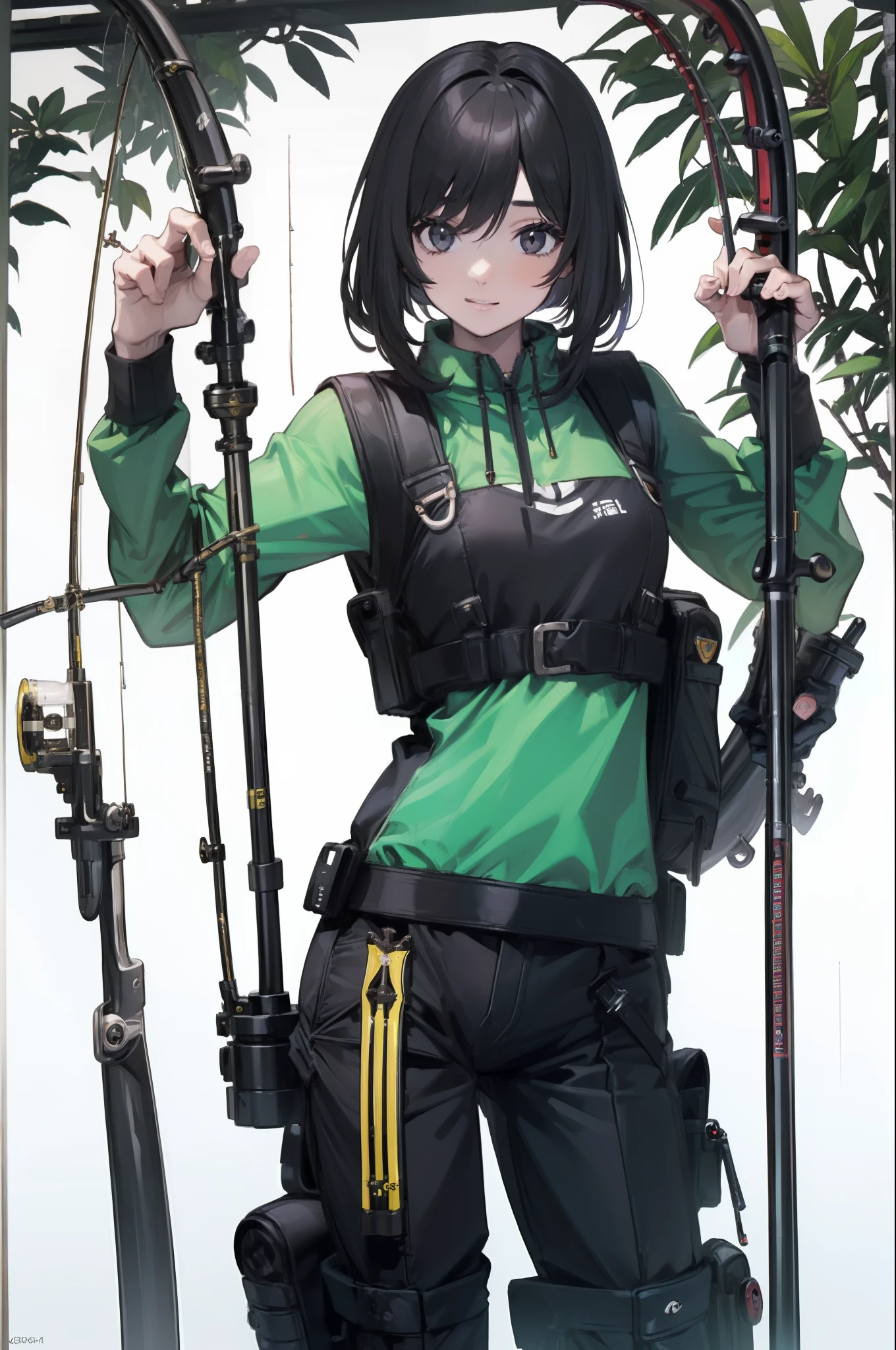 ((((Have a fishing rod with a reel:1.5)))),((Female 28 years old)),((Best Quality:1.5)),(((Fine fingers、Ratio 4 fingers and 1 thumb,detailed arms,detailed human hands))),(((Hands with the correct number and structure of fingers:1.4))),((Lakeside:1.37)),hight resolution,ultra-detailliert,​masterpiece,best qualtiy,(Eight-headed body),(1 fishing rod,Holding a fishing rod in your hand,Fishing lure rod,Fishing Reels,Long Sleeve Outdoor Vest,Long pants for fishing,Big backpack),thin and long legs,Beautiful hip line,Beautiful spine,constricted back,Toned waist,beutiful breast),,Gentle smile,shiny lip,(1 fishing rod,Straight stretch fishing rod,Long fishing rod,Woman fishing with fishing rod in hand),Black hair, long eyeslashes, Solid Circle Eyes, drop shadow, Atmospheric perspective,Super Detail, ccurate, small brest,top-quality, blurry backround, bokeh dof:1.2, (​masterpiece:1.3), Atmospheric perspective,Super Detail,dynamic compositions, Ultra High Quality,