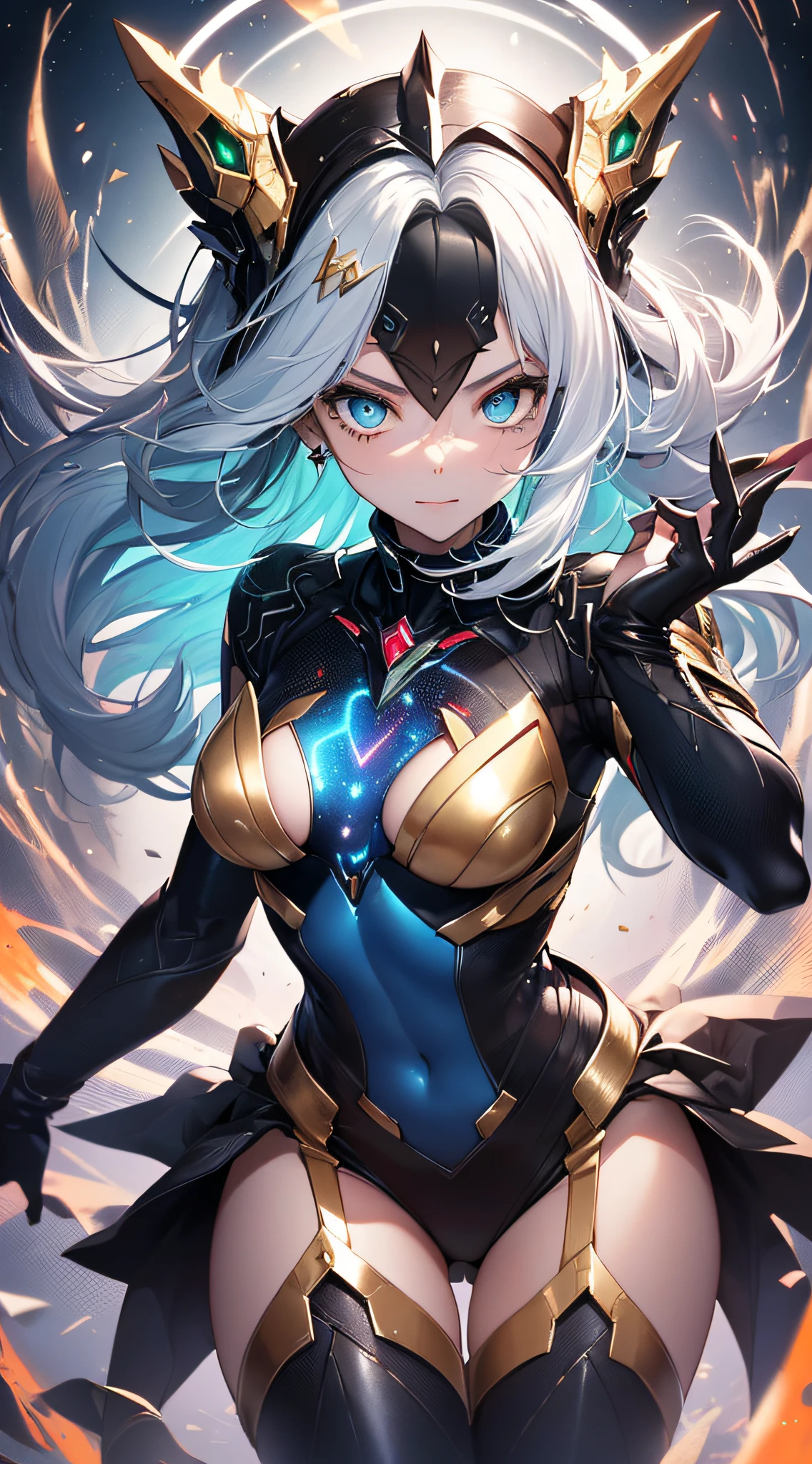 top-quality、Top image quality、masterpiece、Android Girl((sixteen years old、 A black,And the red and white glowing cybersuit、Blue energy source for the chest,Best Bust、Bust 90、gold and silver hair、Longhaire,Cyber Skirt、Blue-green eyes、open chest wide、Valley、Happiness、A slender、Mysterious face、Drifting in the air,Particles of light、Sharp claw arm,battered body、mid air、Glowing eyes、Hold out your hands))hiquality、Beautiful Art、Background with((mistic、Fantastic Universe))、masutepiece、Elaborate design、visualart、Theatrical films