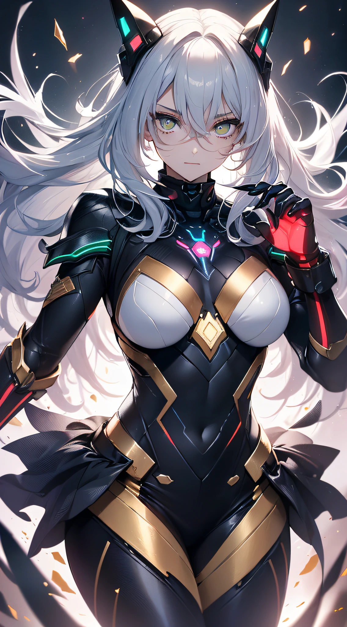 top-quality、Top image quality、masterpiece、Android Girl((、 A black,And the red and white glowing cybersuit、Blue energy source for the chest,Best Bust、Bust 90、gold and silver hair、Longhaire,Cyber Skirt、Blue-green eyes、open chest wide、Valley、Happiness、A slender、Mysterious face、Drifting in the air,Particles of light、Sharp claw arm,battered body、mid air、Glowing eyes、Hold out your hands))hiquality、Beautiful Art、Background with((mistic、Fantastic Universe))、masutepiece、Elaborate design、visualart、Theatrical films