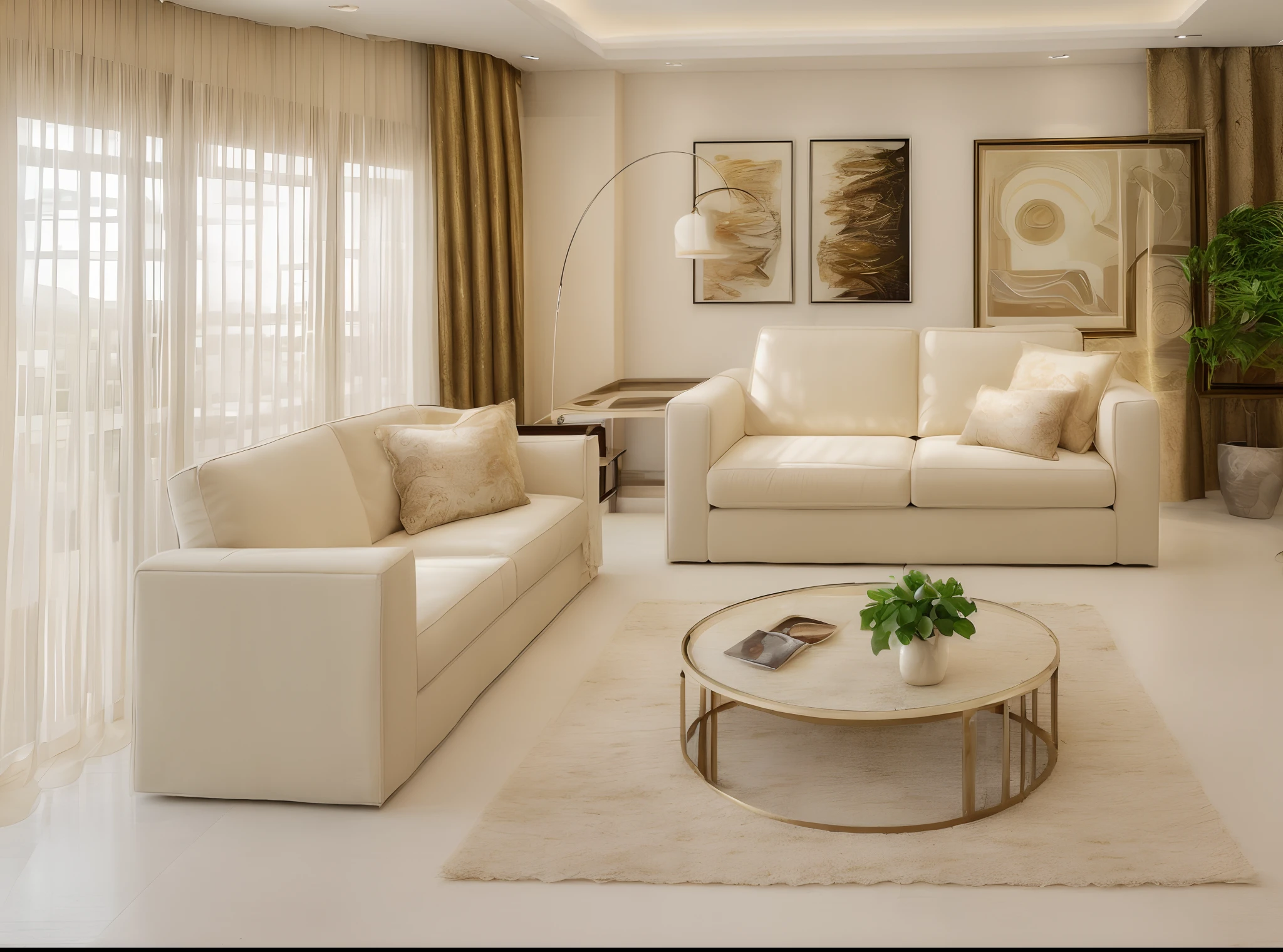 (best quality, realistic:1.2), living room with soft lighting, detailed curtains gently swaying in the breeze, luxurious cream-colored carpet, a comfortable sofa placed in the center, a captivating artwork hung on the wall.