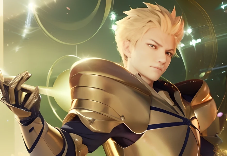 top-quality, 8K, ultra-detailliert, Photorealsitic, , shinny skin, brilliance, Fate, gilgamesh, The whole body is wrapped in golden armor, Shoulder Armor Large, Upper body, Flame background