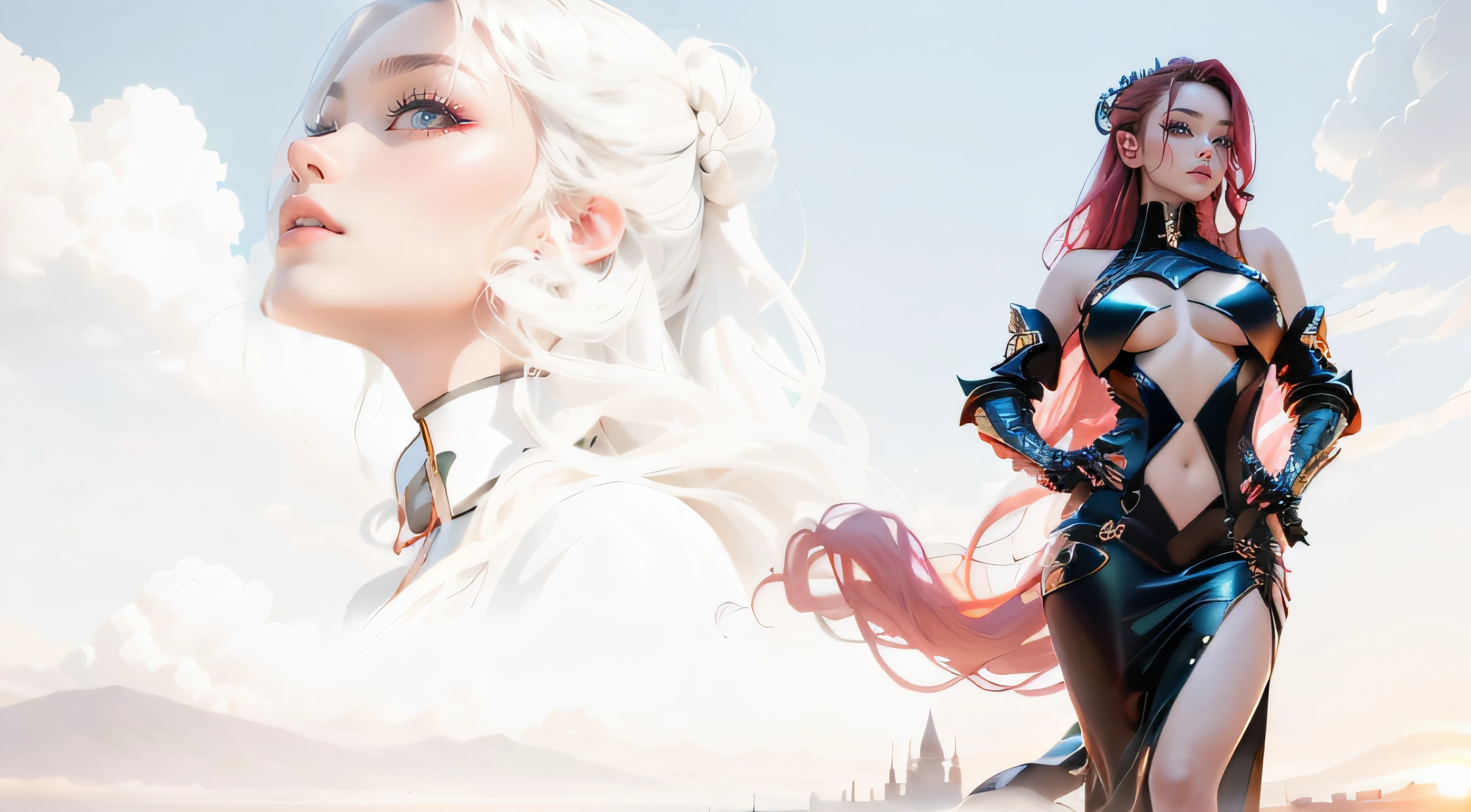 HD 8K quality ，A sexy beauty， Whitening skin，Beautiful and moving big eyes，wearing a stylish and edgy outfit，Strike seductive poses，red tinted hair，long whitr hair，Large curls，Background: the setting sun，Burning clouds，air castle，mirage。