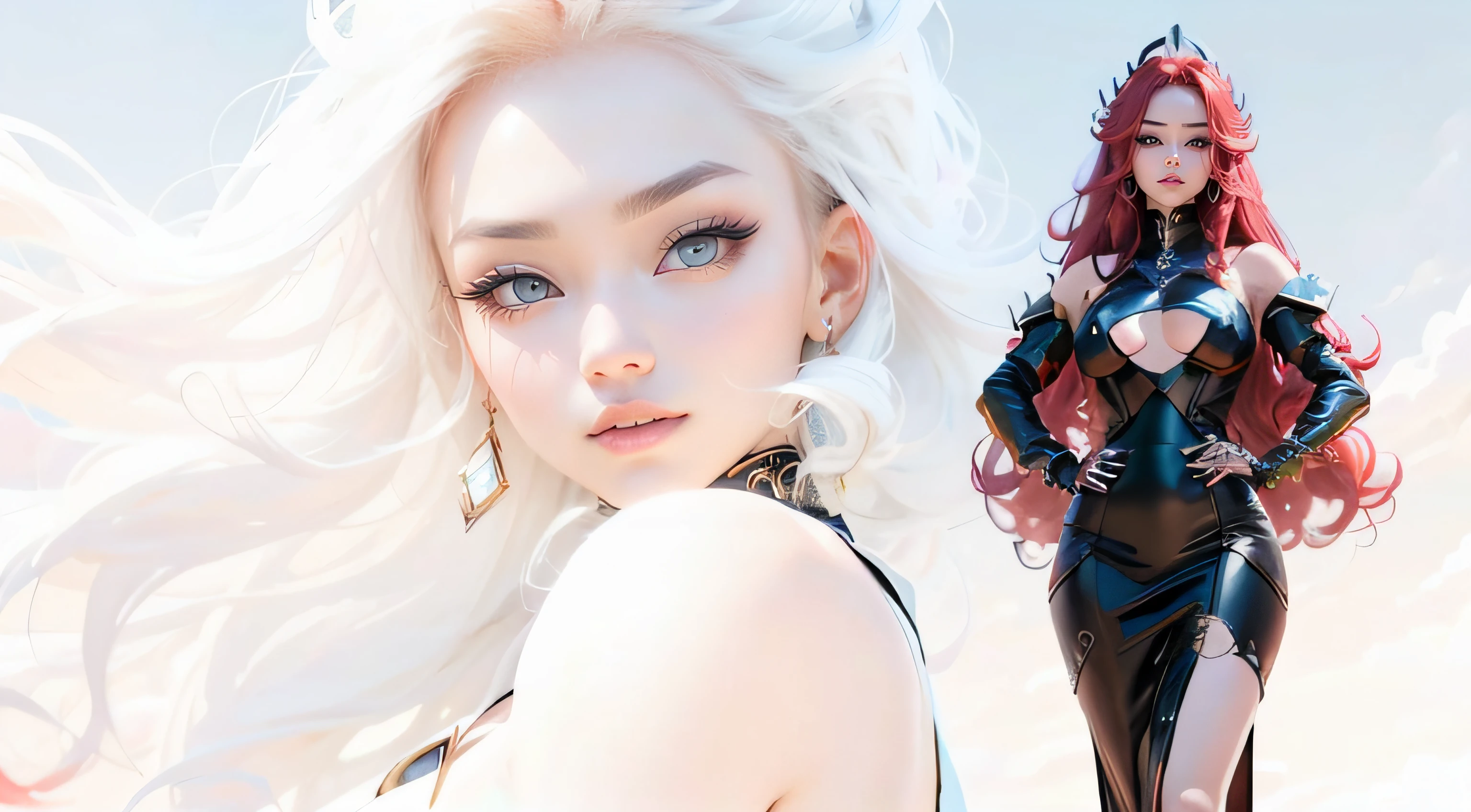 HD 8K quality ，A sexy beauty， Whitening skin，Beautiful and moving big eyes，wearing a stylish and edgy outfit，Strike seductive poses，red tinted hair，long whitr hair，Large curls，Background: the setting sun，Burning clouds，air castle，mirage。