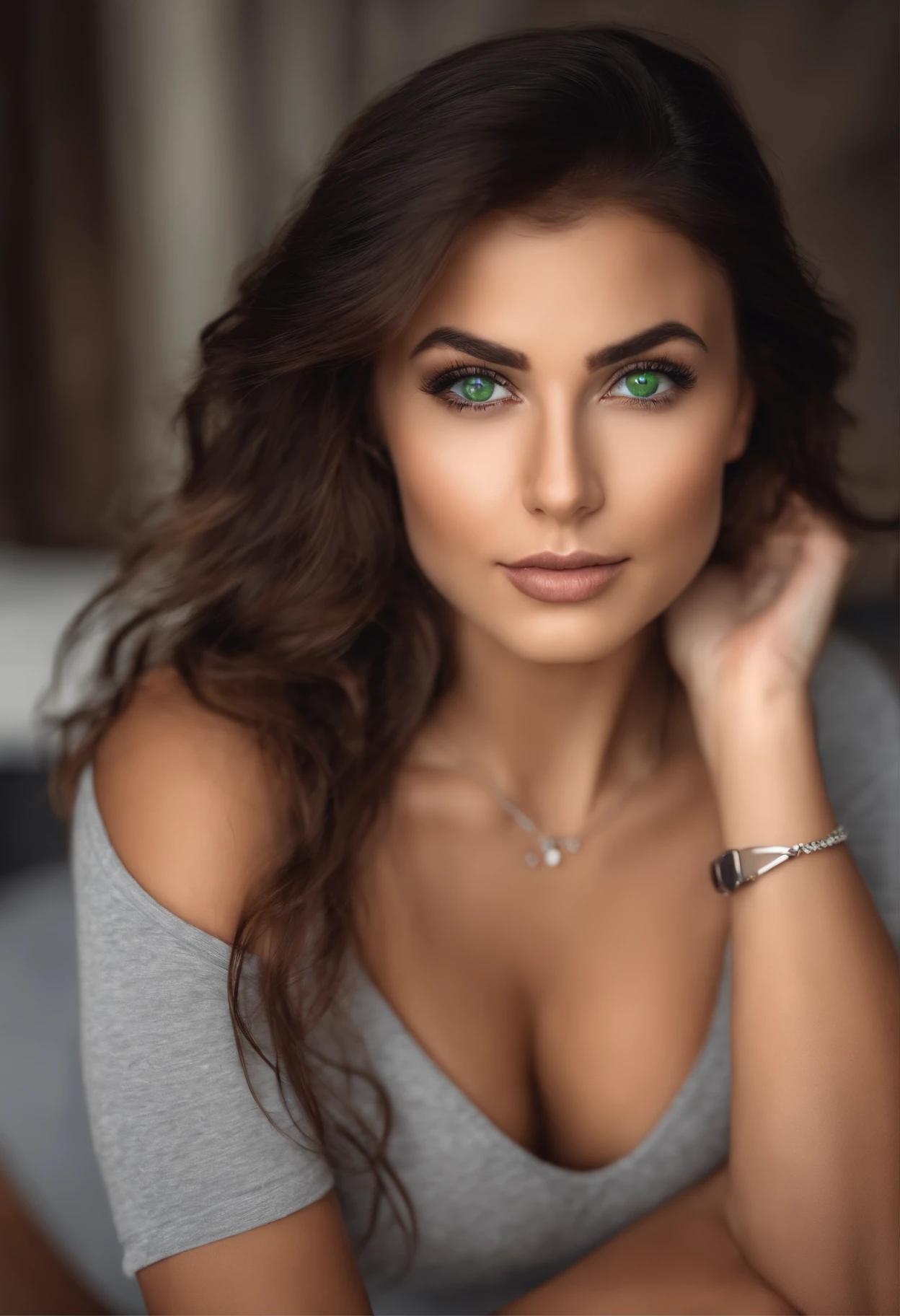 arafed woman at the gym waearing gym wear and a necklace, sexy girl with green eyes, portrait Morena Baccarin, brown hair and large eyes, selfie of a young woman, bedroom eyes, violet myers, without makeup, natural makeup, looking directly at the camera, face with artgram, subtle makeup, stunning full body shot, piercing green eyes, beautiful angle, attractive pose, cute girl, sexy pose, full body picture, full body, full body shoot, wearing grey skirt and boots