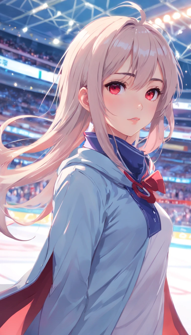 (Masterpiece:1.5),(best qualtiy),highly  detailed,Ultra-detailed,1girll,a beauty girl,stare,Red eyes,(Beautiful detailed eyes:1.2),(Long hair:0.8),(White hair:Silver_Hair:0.5),(Wing-like bangs:ahoge),Dull hair,(Medium chest: C cup:0.7),Hair rings,Braid,Cold,Anime figure skating on ice in large indoor arena, Ross Tran style, trending on artstation pixiv, Guweiz in Pixiv ArtStation, Guweiz on ArtStation Pixiv, author：ross tran, Digital art on Pixiv, In the style of Ross Tran, Ross Tran 8 K, Smooth anime CG art, ross tran. scenery background