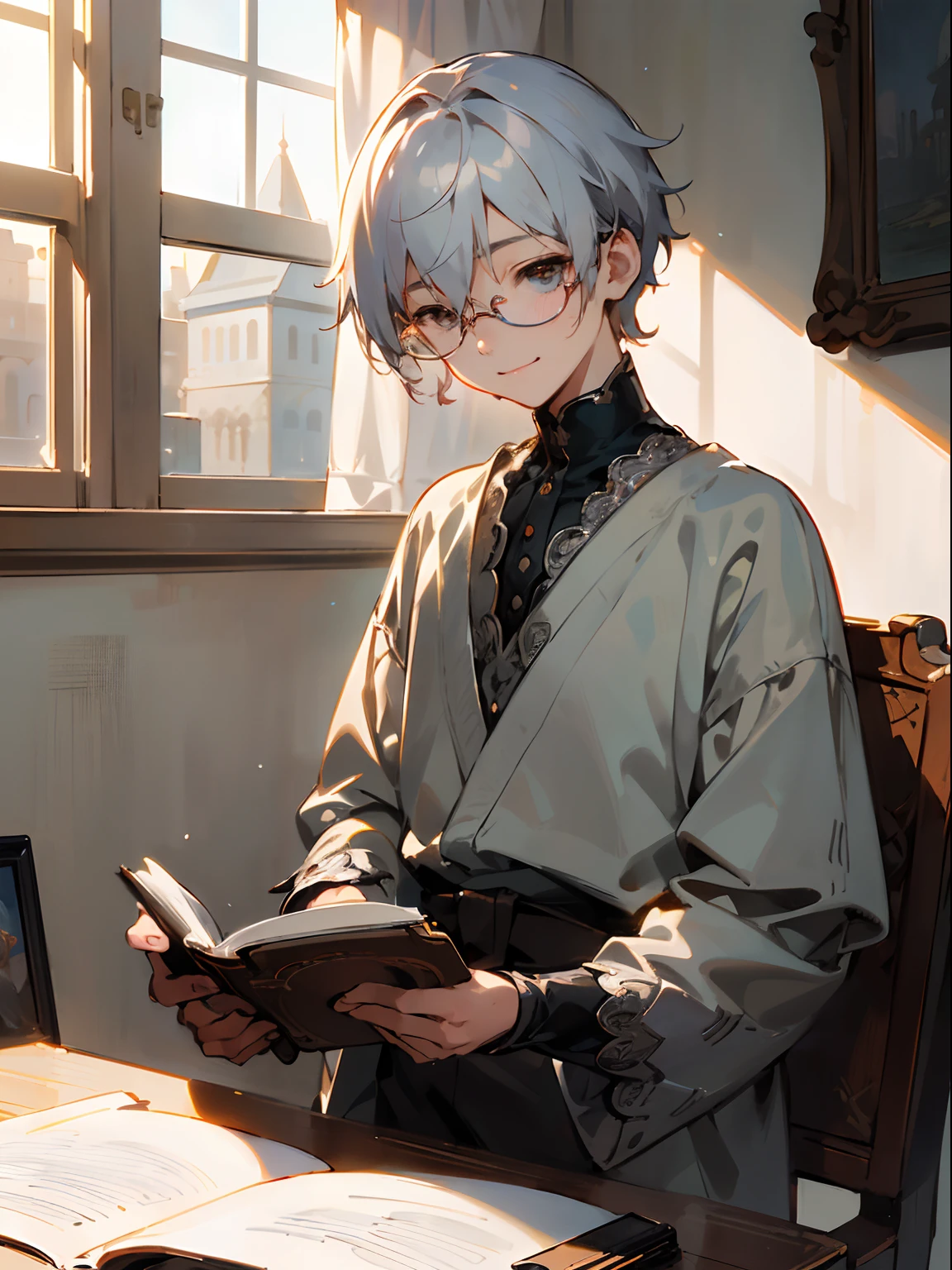 (Male child, eye glasses,A smile, silber hair),(((​masterpiece)))、(((top-quality)))、((ultra-definition))、(High Definition CG Illustration)、((extremely delicate and beautiful)),Western-style room,read a book，early evening