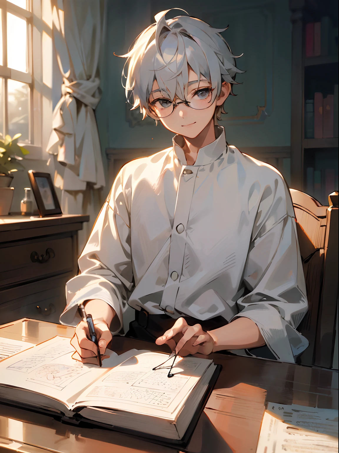 (Male , eye glasses,A smile, silber hair),(((​masterpiece)))、(((top-quality)))、((ultra-definition))、(High Definition CG Illustration)、((extremely delicate and beautiful)),Western-style room,read a book，early evening