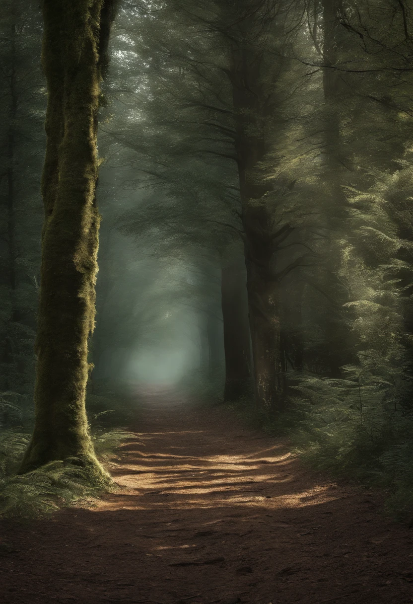 dunkler mystischer Wald, somber mood, neblig, schatten, mond
