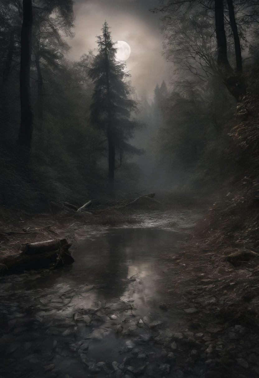 dunkler mystischer Wald, somber mood, neblig, schatten, mond