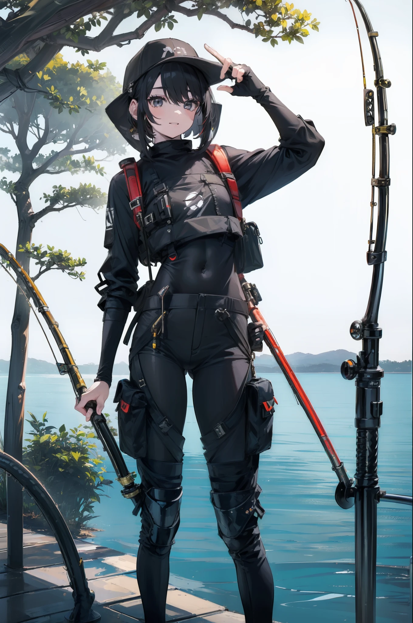 ((((Have a fishing rod with a reel:1.5)))),((Female 28 years old)),((Best Quality:1.5)),(((Fine fingers、Ratio 4 fingers and 1 thumb,detailed arms,detailed human hands))),(((Hands with the correct number and structure of fingers:1.4))),((Lakeside:1.37)),hight resolution,ultra-detailliert,masterpiece,best qualtiy,(Eight-headed body),(1 fishing rod,Holding a fishing rod in your hand,Fishing lure rod,Fishing Reels,Long Sleeve Outdoor Vest,Long pants for fishing,Big backpack),thin and long legs,Beautiful hip line,Beautiful spine,constricted back,Toned waist,beutiful breast),,Gentle smile,shiny lip,(1 fishing rod,Straight stretch fishing rod,Long fishing rod,Woman fishing with fishing rod in hand),Black hair, long eyeslashes, Solid Circle Eyes, drop shadow, Atmospheric perspective,Super Detail, ccurate, small brest,top-quality, blurry backround, bokeh dof:1.2, (masterpiece:1.3), Atmospheric perspective,Super Detail,dynamic compositions, Ultra High Quality,