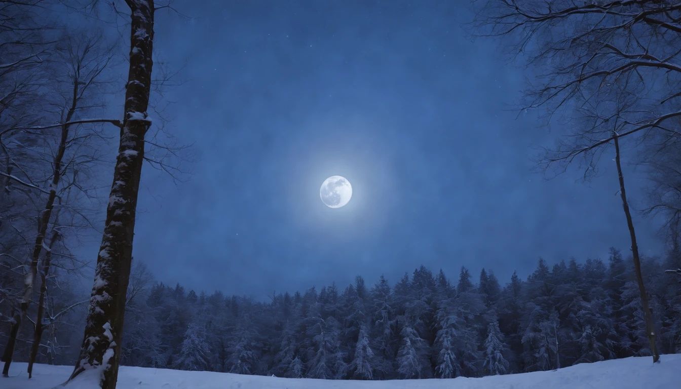 large blue moon in the night sky, seen through a canopy of Hungarian forest, snow, night, eerie, mystical, scary, cinematic scene from film
