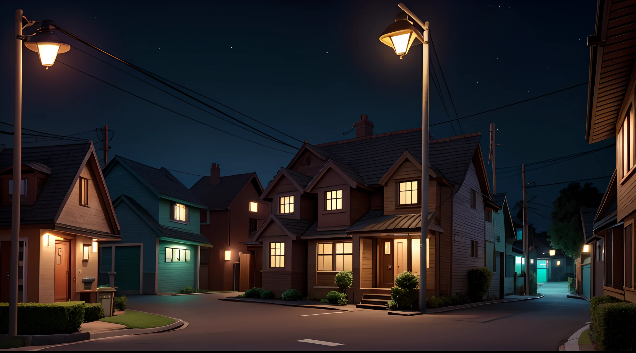 Cartoon night street road , many house black night , street road lamp in cartoon