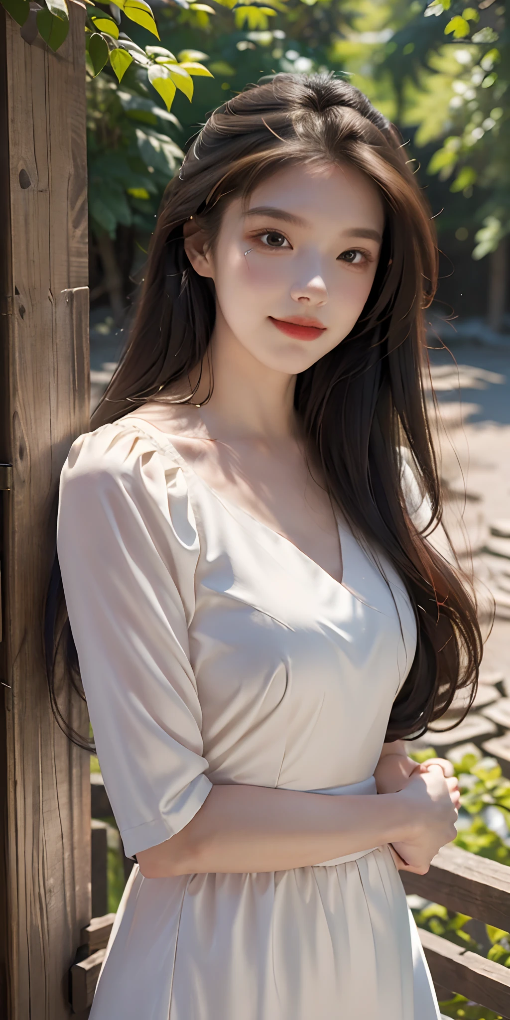 (Photo: 1.2), (Outdoor: 1.3), (Scenic Sites: 1.3), (Long Wave Hair: 1.4), Happy, (Fashionable Dress), Dynamic Pose, (Upper Body Photo), (Natural Daylight), Face Light