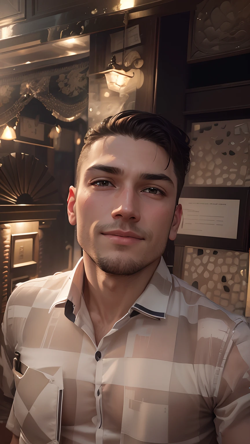 (8k, best quality, masterpiece:1.2), (realistic, photo-realistic:1.37), ultra-detailed, 1 boy, cute, solo, beautiful detailed sky, detailed cafe, night, sitting, dating, (nose blush), (smile:1.15), (closed mouth) muscular body, beautiful detailed eyes, (collared shirt:1.1), night, wet, business attire, rain, white lace,floating hair NovaFrogStyle, topless,