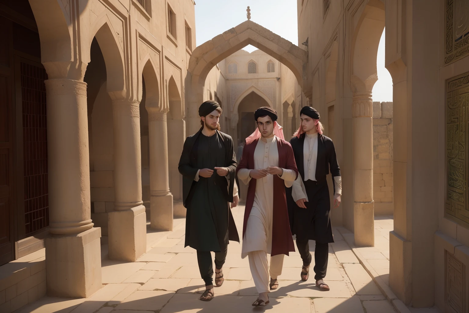 Year: 11th century. Location: Shiraz. Pre-raphaelite scene with a 22-year-old (english man), physician, with two more young men, walking through empty (rose quartz) streets, ((ominous feeling)) ((fear)), ((((11th century qamis)))) ((11th century hairstyle)), (((cinematic style)))