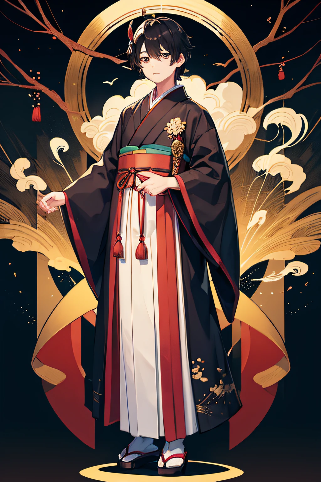 boy wearing japanese traditional clothes standing confident, black hair, comma hair, yello eyes, full body,