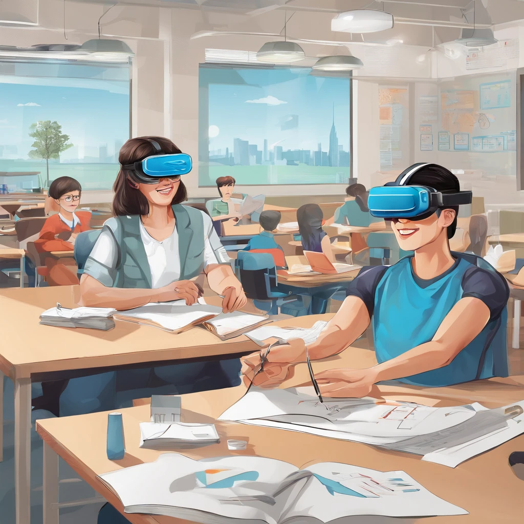 Photo shows students using virtual reality、AR Glasses,There are students who draw cartoon characters,Teacher teaches students to take pictures with their cameras,Some students draw with brushes,Some students explore the interior,Some students operate drones to measure,Tech Blue,Vertical illustration,commercial
