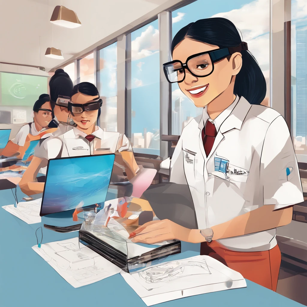 Photo shows students using virtual reality、AR Glasses，There are students who draw cartoon characters，Teacher teaches students to take pictures with their cameras，Some students draw with brushes，Some students explore the interior，Some students operate drones to measure，Tech Blue，Vertical illustration，commercial