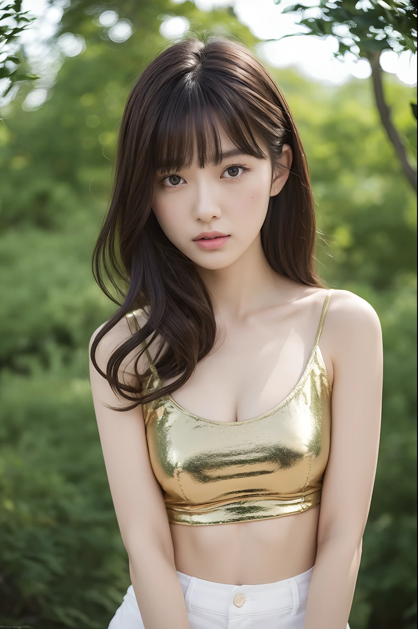 8K, Best Quality, masutepiece, Highly detailed, reallistic, girl with,  20 years old, looking hand, long dark brown hair with bangs,,, Curly hair, Green eyes, Black Japanese style cut clothes, White pants, Bare shoulders, golden details, Thin figure, Cold expression, Battle Scenes, Outdoors, Forest background, lots of trees々and dark skies