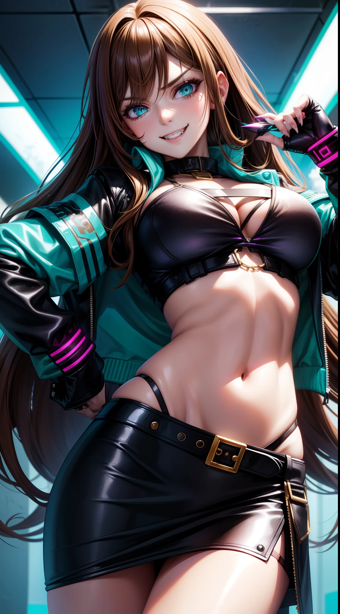 Young woman, long brown hair, heterohromia, left purple eye, right golden eye, turquoise cyberpunk top, leather jacket, skirt, open belly, open breasts, large breasts, smirk, tooth, fangs, claws, hiquality, 4k, HD, Good detail
