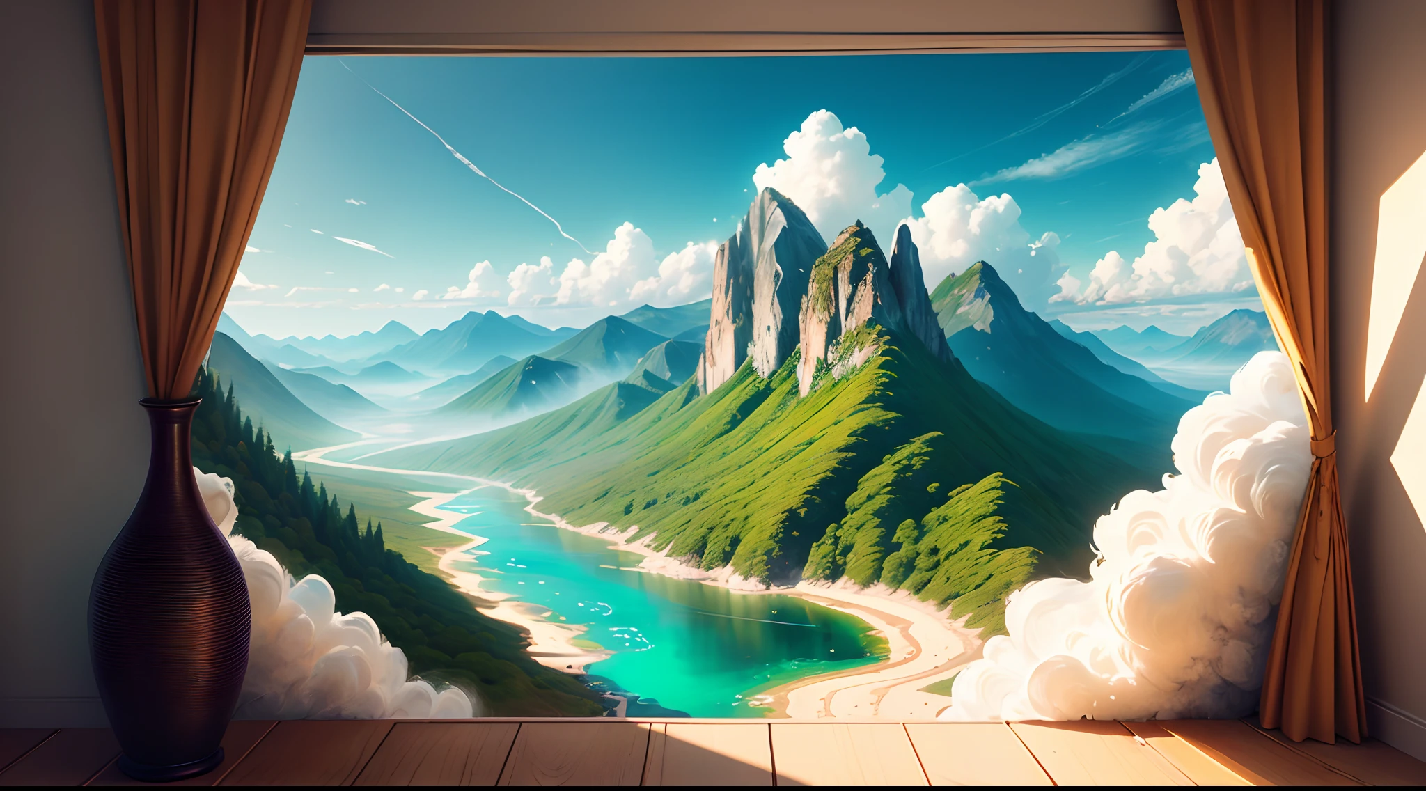 (extremely detailed CG unity 8k wallpaper,masterpiece, best quality, ultra-detailed),(best illumination, best shadow, an extremely delicate and beautiful),floating,
 
[ (vast and lush plain, majestic mountain range in the distance, surrounded by mist),(green and dense forest, peace-flowing stream),(3D white cloud, vivid and tactile, bright blue sky),(warm color temperature, high contrast, soft sunlight, detailed shadows): 0.75 ]
 
[ :(depth of field,calm river, wind-blown grass, natural illumination effects, strong and delicate textures):0.4]
