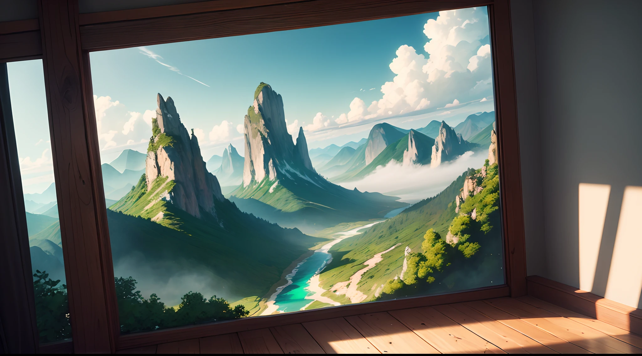 (extremely detailed CG unity 8k wallpaper,masterpiece, best quality, ultra-detailed),(best illumination, best shadow, an extremely delicate and beautiful),floating,
 
[ (vast and lush plain, majestic mountain range in the distance, surrounded by mist),(green and dense forest, peace-flowing stream),(3D white cloud, vivid and tactile, bright blue sky),(warm color temperature, high contrast, soft sunlight, detailed shadows): 0.75 ]
 
[ :(depth of field,calm river, wind-blown grass, natural illumination effects, strong and delicate textures):0.4]