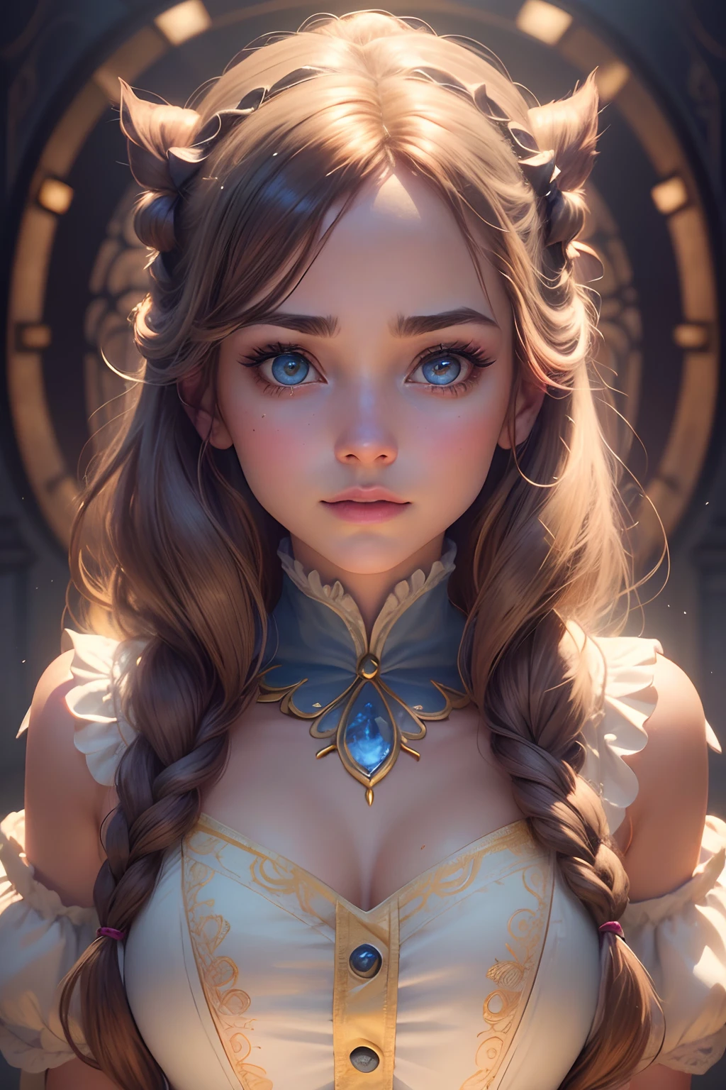 Highly detailed belle from beauty and the beast, Disney, symmetrical face, symmetrical eyes, looks at the camera, stunning photography, photorealistic, art station, soft pastel colours, highly detailed, intricate, path tracing, illustration, insanely detailed, shadow mapping volumetric light, specular lighting