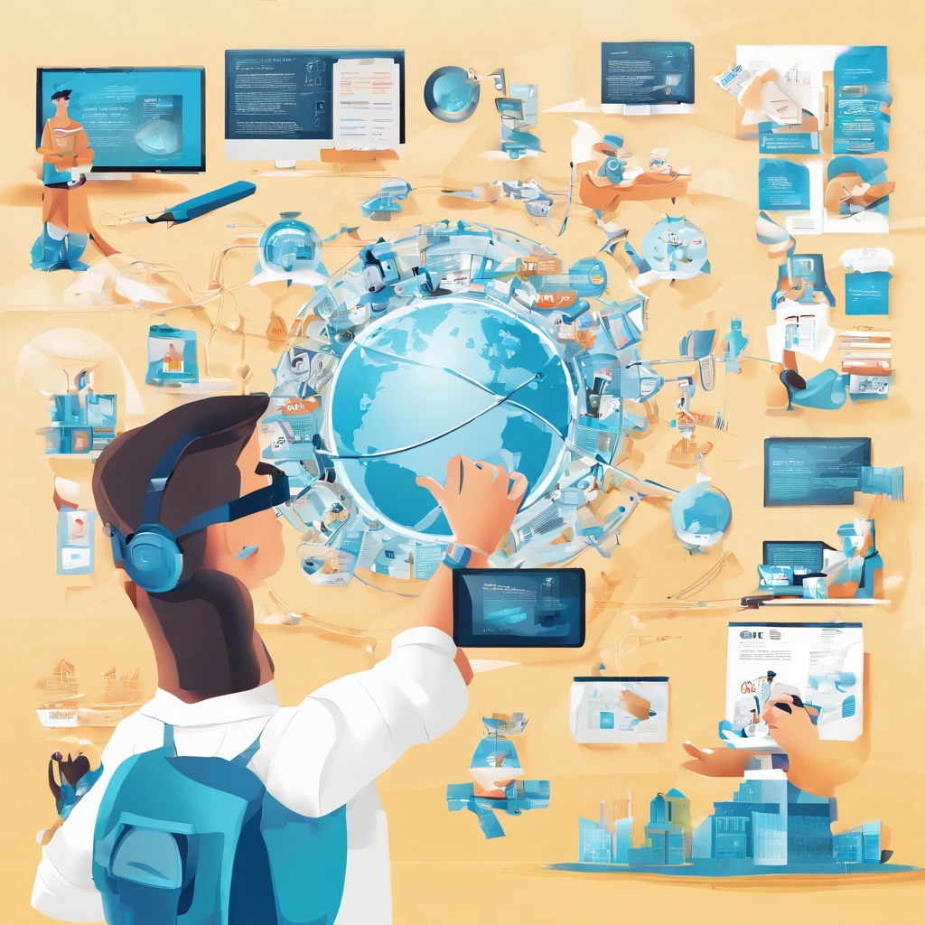 Photo shows students using virtual reality、AR Glasses,There are students who draw cartoon characters,Teacher teaches students to take pictures with their cameras,Some students draw with brushes,Some students explore the interior,Some students operate drones to measure,Tech Blue,Vertical illustration,commercial