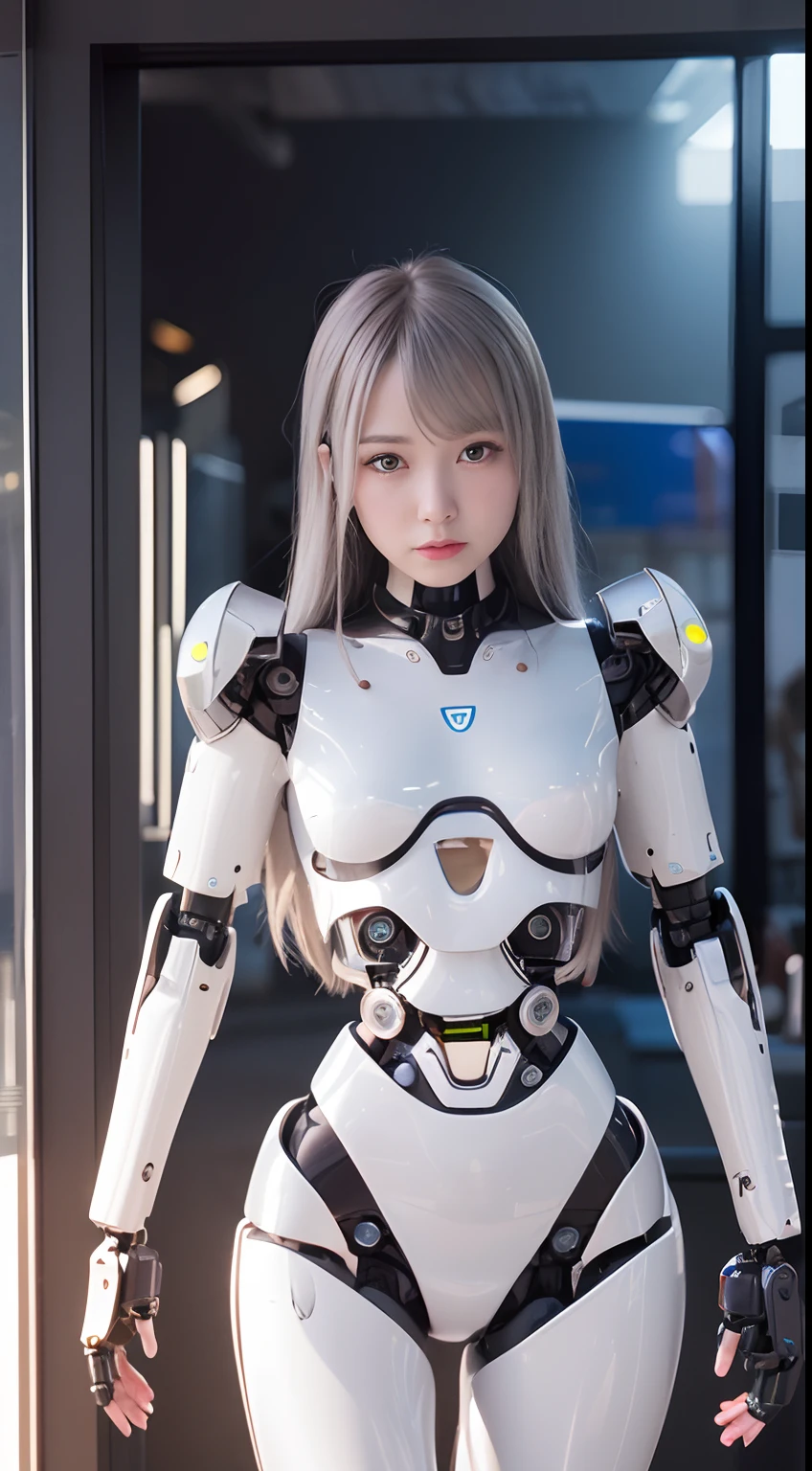 ((Robot Girl, mechs)), Glowing eyes, Delicate face, broken armor, Mechanical aura, Mechanical arm, Gray hair, Long hair, ceramic body, Thigh gap, tiny chest, cyber background, Very nice city, (translucent, reflection skin), 8K, Best Quality, Ultra-detailed, (surrealism: 1.4),(Perfect Robot Girl),(Perfect machine body)