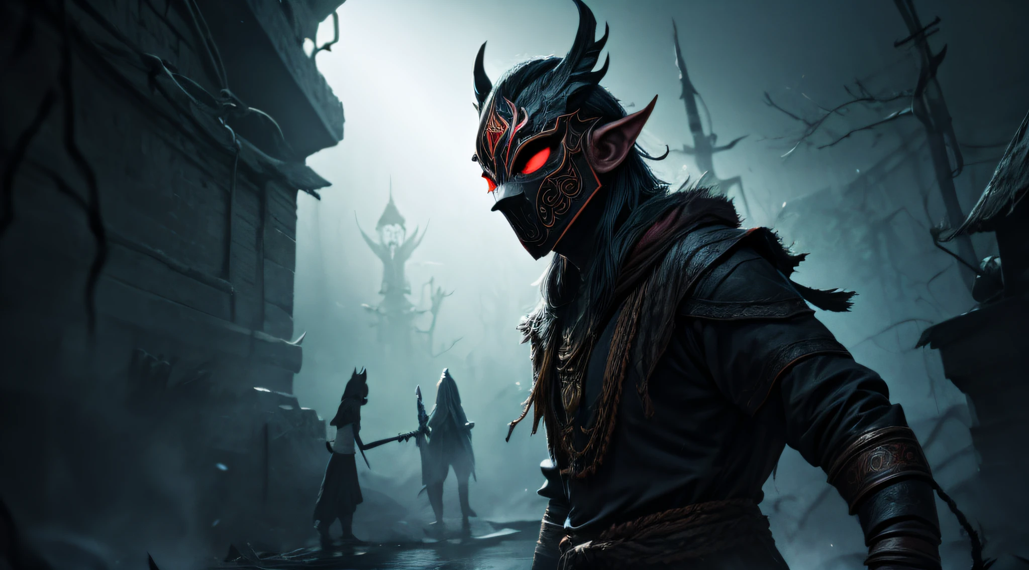 Create mystical mask 4k in dark background in a scary place