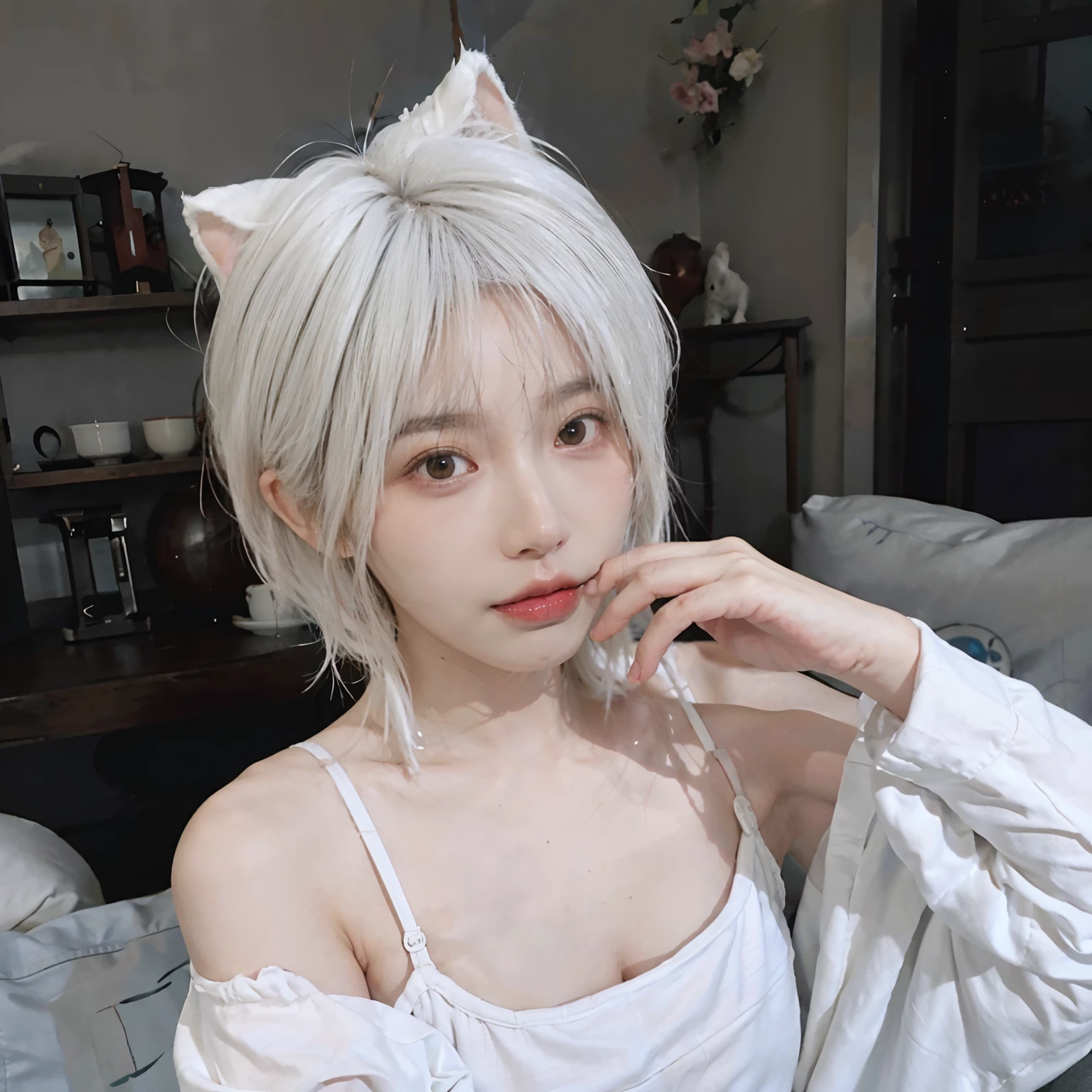 8K、(Sexy poses collection)、((in one's underwear only))、(((White hair color))) 、undersized head、Best Quality, masutepiece, 超A high resolution, (Realism: 1.4), Original photo, (True skin texture: 1.3), (Film grain: 1.3), Beautiful eyes and face details, masutepiece, Best Quality, Full body、short-cut、18year old、White cat ears