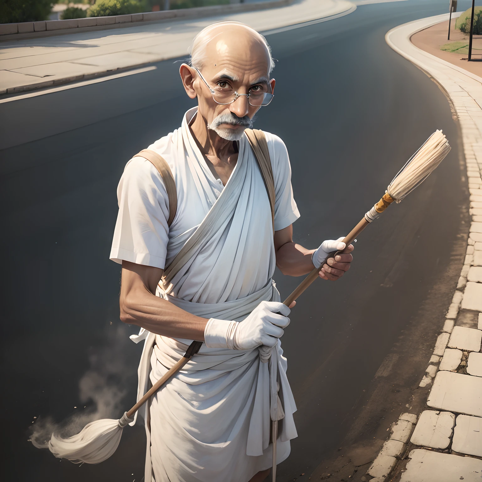 Mahatma gandhi cleaning the road in 4k