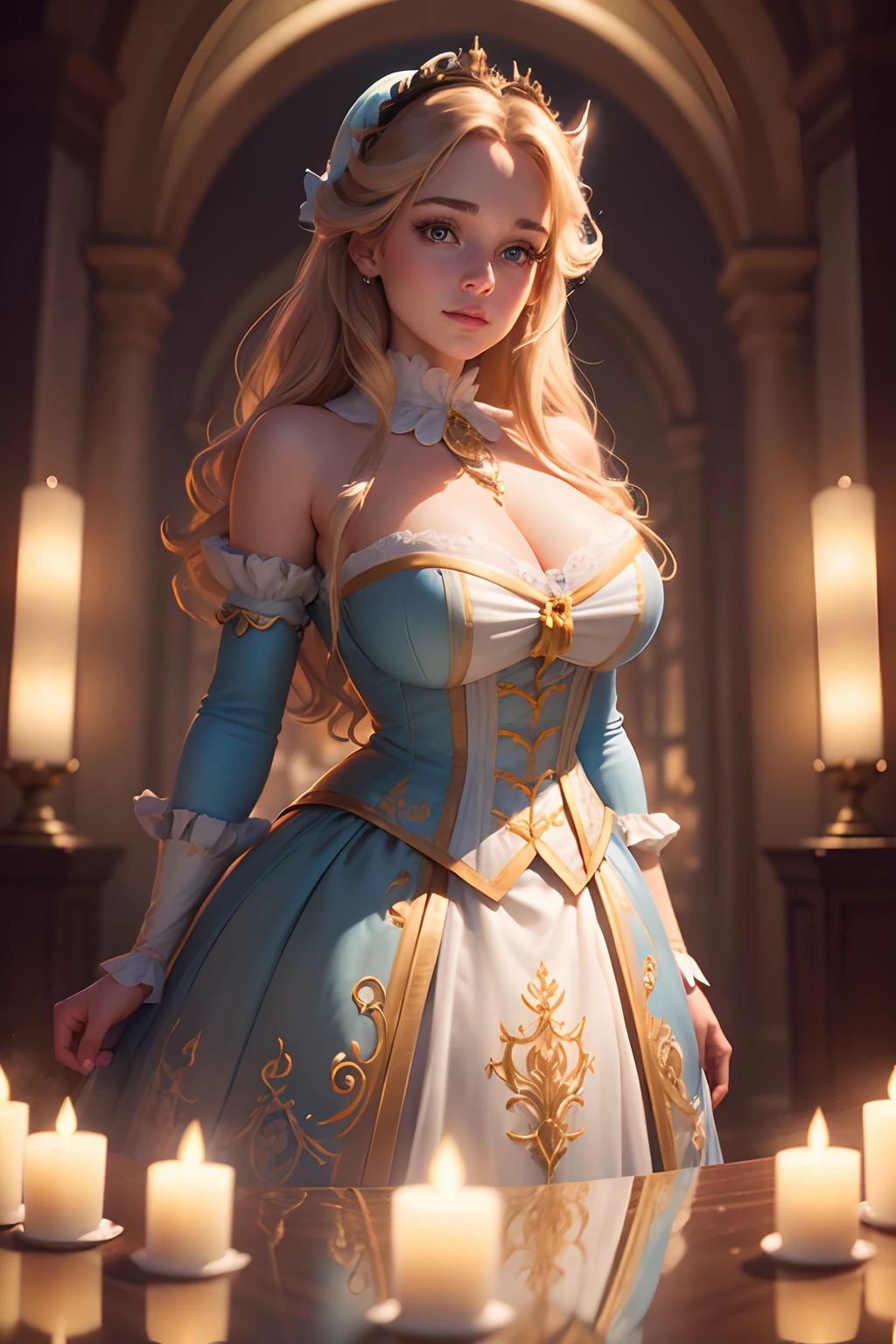 Highly detailed belle from beauty and the beast, (busty) Disney, symmetrical face, symmetrical eyes, looks at the camera, stunning photography, photorealistic, art station, soft pastel colours, highly detailed, intricate, path tracing, illustration, insanely detailed, shadow mapping volumetric light, specular lighting